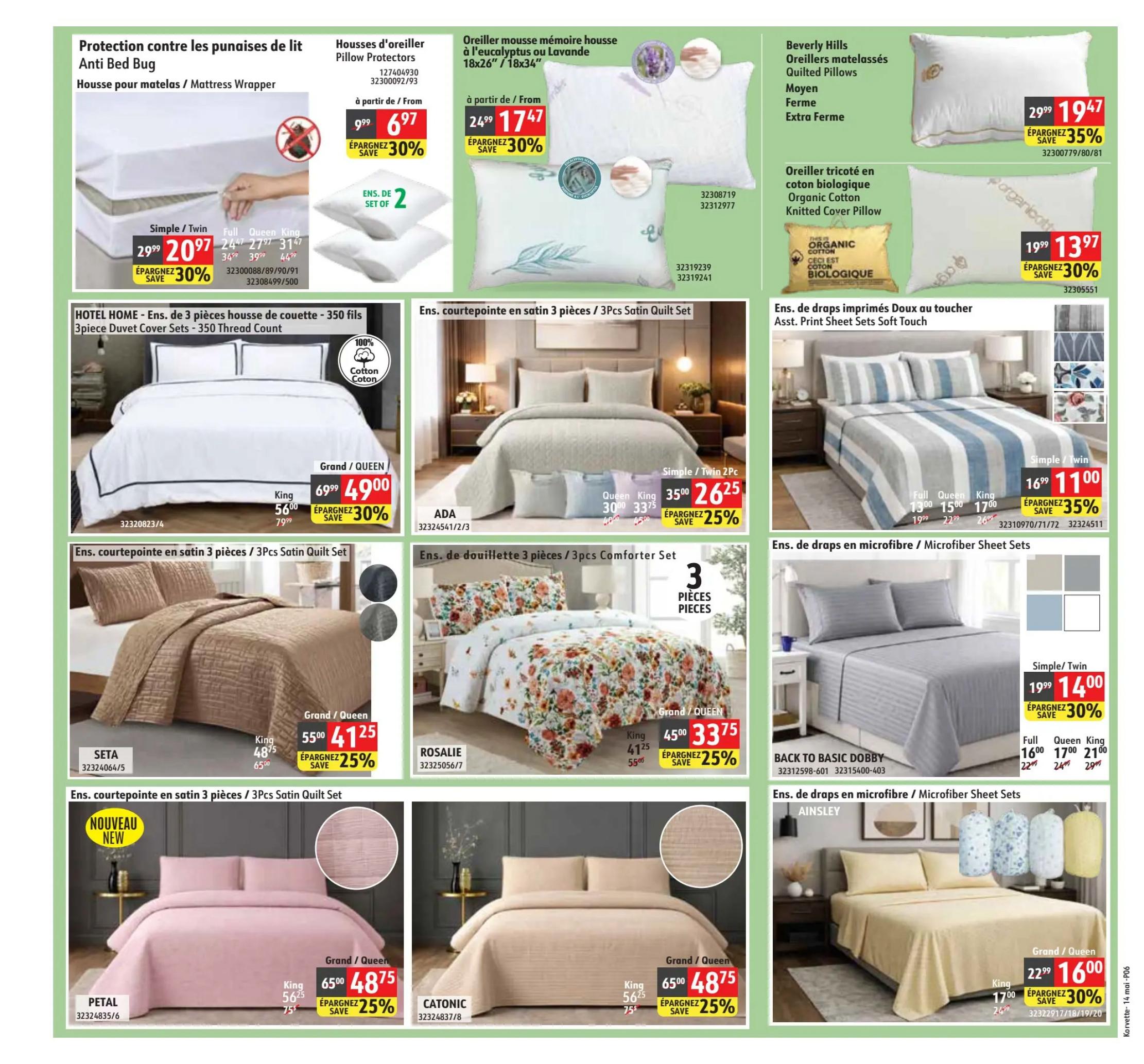 Korvette flyer page 6 features a variety of bedding and sleep accessories. Top section includes Anti Bed Bug Mattress Wrappers starting at $9.99, down from $14.27, saving 30%. Pillow Protectors are available at $6.97. Eucalyptus or Lavender Scented Memory Foam Pillows are $17.47, a 30% saving from $24.99. Beverly Hills Quilted Pillows (Medium, Firm, Extra Firm) are on sale for $19.47, saving 35% from $29.99. Organic Cotton Knitted Cover Pillows are $13.97, saving 30% from $19.99. Middle section showcases HOTEL HOME 3-piece Duvet Cover Sets (350 Thread Count) in Grand/Queen for $49.00 (save 30% from $69.99) and King for $56.00 (save 30% from $79.99). ADA 3-piece Satin Quilt Sets are available in Grand/Queen for $35.25 (save 25% from $47.00) and King for $30.00 (save 25% from $40.00). ROSALIE 3-piece Comforter Sets are $33.75 for Grand/Queen (save 25% from $45.00) and $41.25 for King (save 25% from $55.00). Print Sheet Sets Soft Touch are $11.00 for Simple/Twin (save 35% from $16.99), $15.00 for Full, and $17.00 for Queen/King. Bottom section features SETA 3-piece Satin Quilt Sets in Grand/Queen for $41.25 (save 25% from $55.00) and King for $48.75 (save 25% from $65.00). PETAL 3-piece Satin Quilt Set is $48.75 for Grand/Queen (save 25% from $65.00) and King for $56.25 (save 25% from $75.00). CATONIC 3-piece Quilt Set is $48.75 for Grand/Queen (save 25% from $65.00) and King for $56.25 (save 25% from $75.00). BACK TO BASIC DOBBY Microfiber Sheet Sets are $14.00 for Simple/Twin (save 30% from $19.99), $17.00 for Full, and $21.00 for Queen/King. AINSLEY Microfiber Sheet Sets are $16.00 for Grand/Queen (save 30% from $22.99) and $17.00 for King.