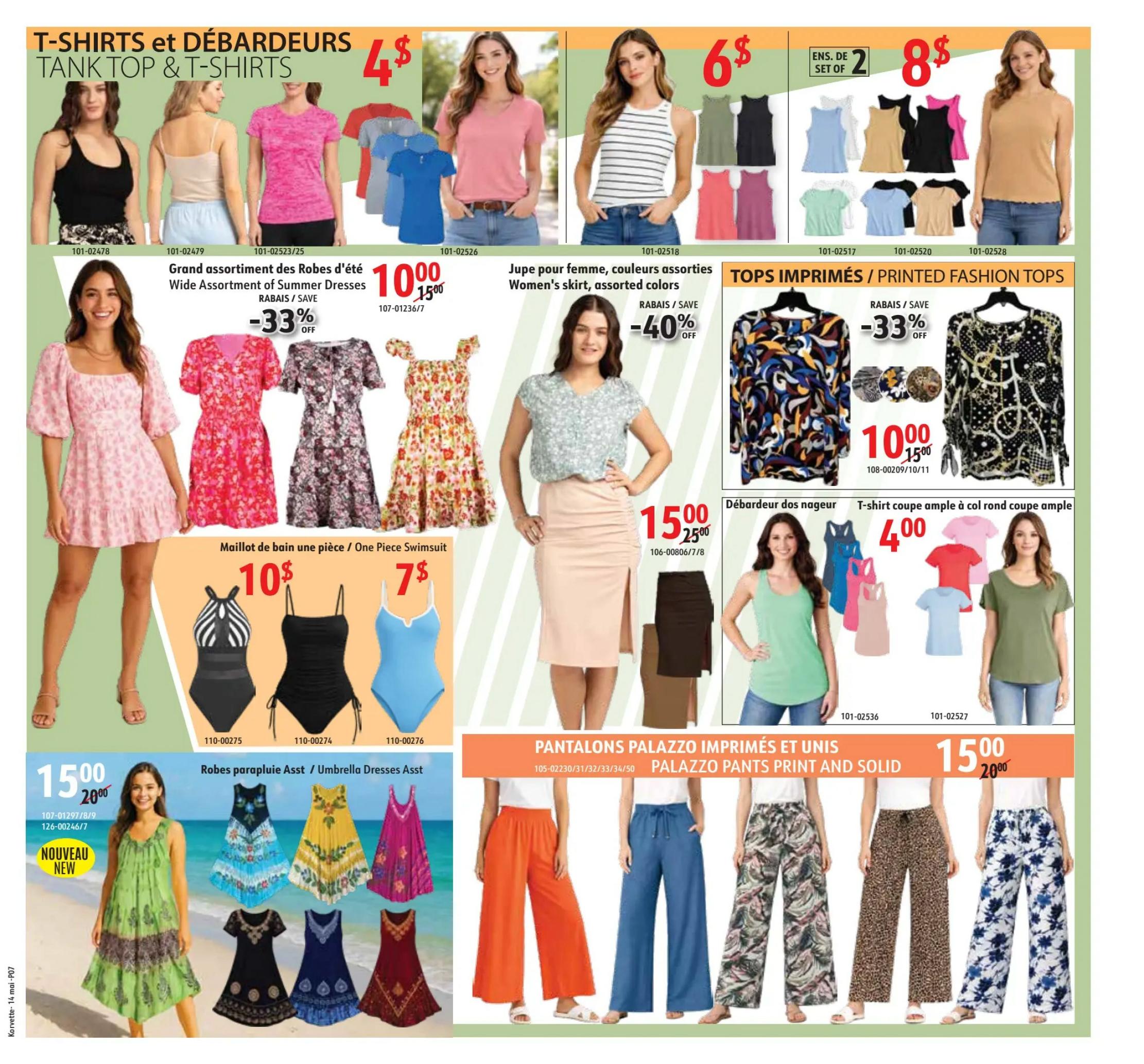 Korvette flyer page 7 features a variety of women's apparel. Top section displays Tank Tops & T-Shirts for $4 each, including styles 101-02478, 101-02479, 101-02523/25, and 101-02526. Also shown are Women's Tops for $6 each (set of 2), styles 101-02517, 101-02520, and 101-02528. Below, Wide Assortment of Summer Dresses are on sale for $10.00, down from $15.00 with a 33% discount. Women's skirts in assorted colours are $6.00. Printed Fashion Tops are $10.00, reduced from $15.00 with a 33% discount. One Piece Swimsuits are available for $10 and $7. The page also highlights Umbrella Dresses for $15.00, down from $20.00, and 'Nouveau New' styles. Finally, Printed and Solid Palazzo Pants are featured for $15.00, down from $20.00.