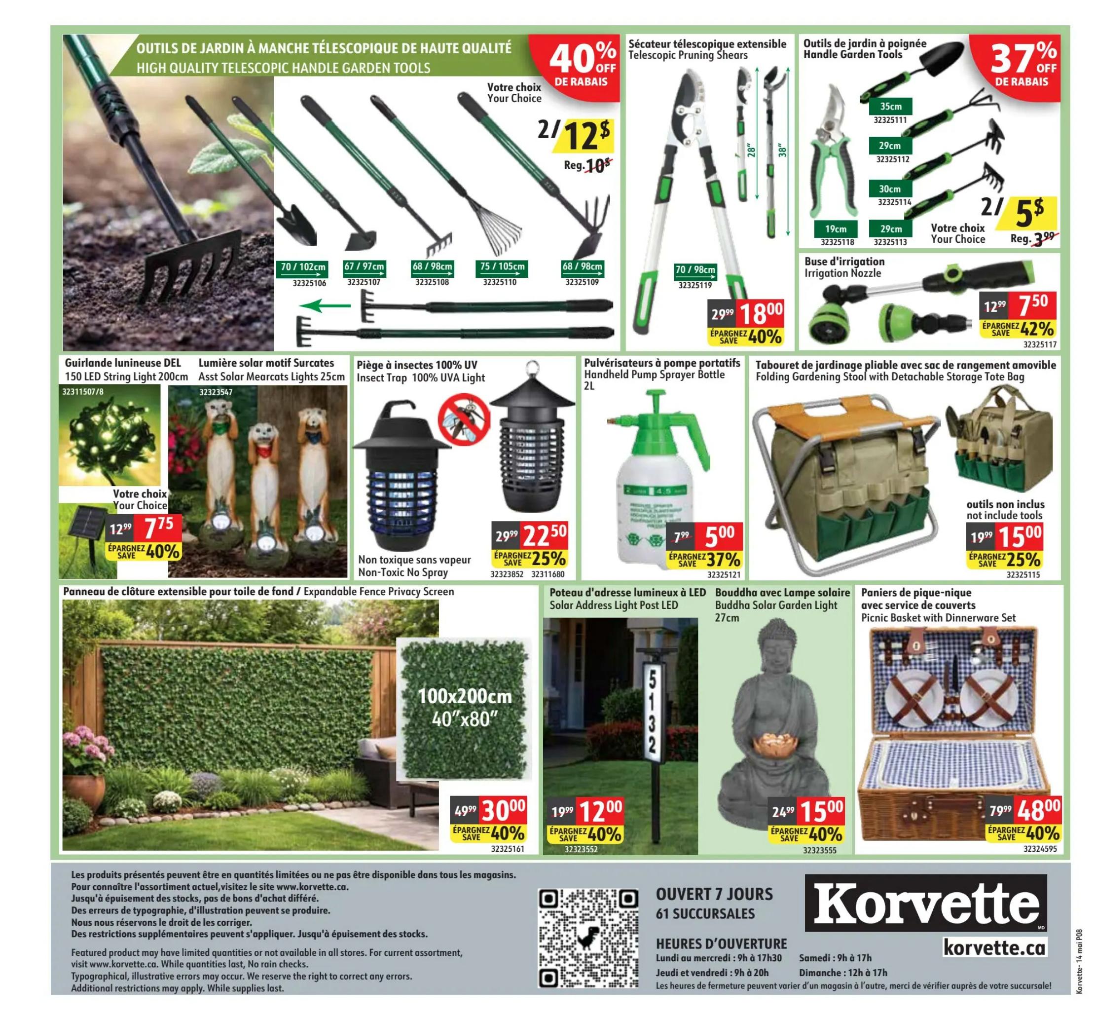 Korvette flyer page 8 features high-quality telescopic handle garden tools. Options include a rake for $12 for 2 (regular $10 each), a cultivator for $12 for 2, a hoe for $12 for 2, and a trowel for $12 for 2. Also available are telescopic pruning shears, 40% off, with your choice for $12 (regular $10 each). Handle garden tools are 37% off, with your choice for $5 for 2 (regular $3.99). Featured items include a 150 LED String Light 200cm for $7.75 (save 40%), Assorted Solar Meercats Lights 25cm, a Non-Toxic No Spray Insect Trap for $22.50 (save 25%), a Handheld Pump Sprayer Bottle 2L for $5.00 (save 37%), an Irrigation Nozzle for $7.50 (save 42%), a Folding Gardening Stool with Detachable Storage Tote Bag for $15.00 (save 25%), a 100x200cm Expandable Fence Privacy Screen for $30.00 (save 40%), a Solar Address Light Post LED for $12.00 (save 40%), a Buddha with Solar Garden Light 27cm for $15.00 (save 40%), and a Picnic Basket with Dinnerware Set for $48.00 (save 40%). The flyer also includes store hours and website information.