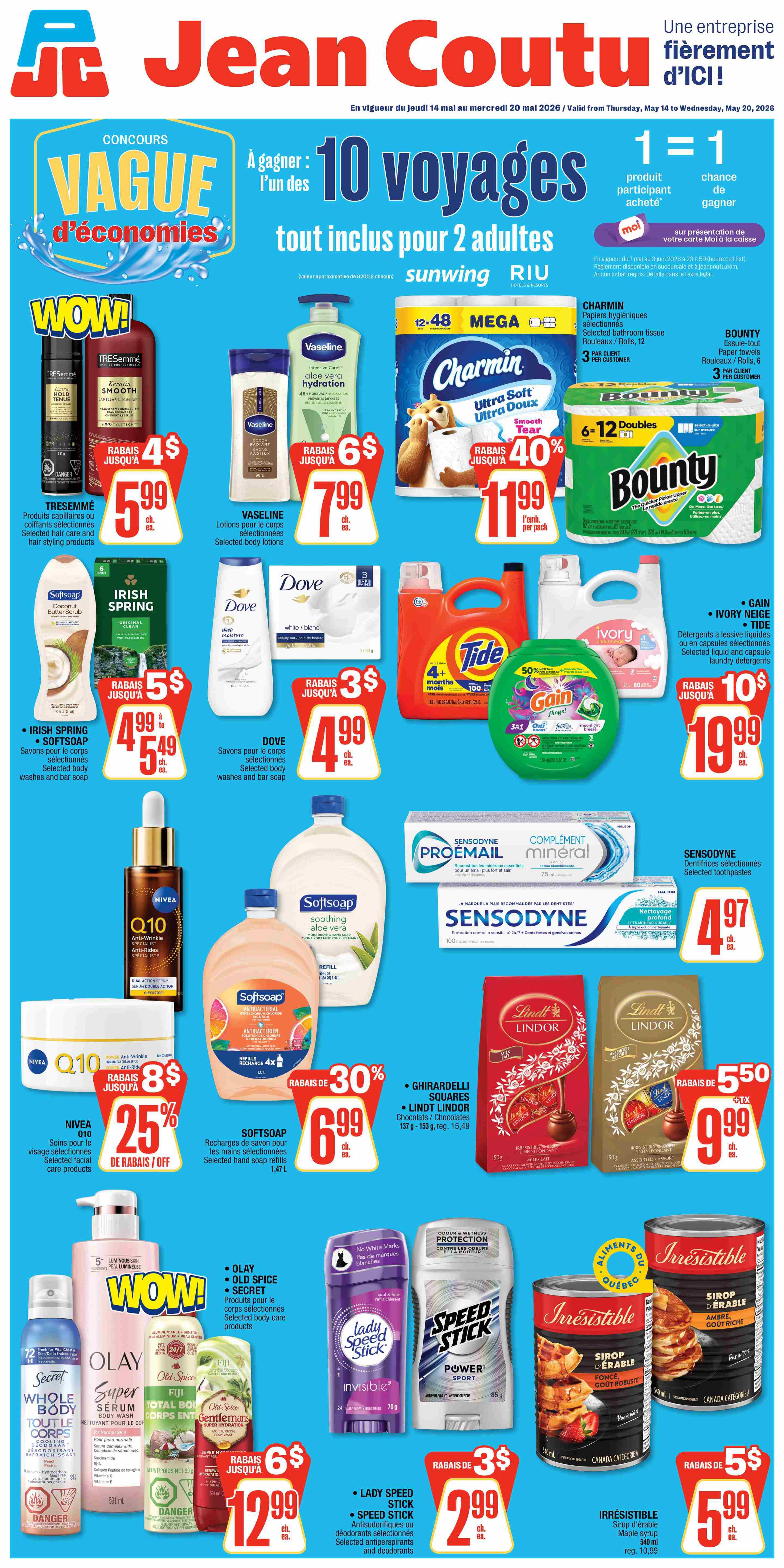 Jean Coutu flyer specials from May 14 to May 20, 2026. Features a contest to win 10 all-inclusive trips for 2 adults. 'Wow!' specials include Tresemmé hair care and styling products for $5.99, Vaseline body lotions for $7.99, and Charmin Ultra Soft bathroom tissue for $11.99 per pack. Bounty paper towels are on sale for $7.99. Irish Spring and Softsoap body washes and bar soaps are $4.99 to $5.49. Dove body washes and bar soaps are $4.99. Tide laundry detergent is $10.99. Gain Flings are $19.99. Ivory Snow detergent is also featured. Nivea Q10 facial care products are 25% off, with selected items at $8.99. Softsoap hand soap refills are 30% off, priced at $6.99 for 1.47L. Sensodyne Pro-Email and Mineral toothpaste are available. Sensodyne toothpaste is $4.97. Lindt Lindor chocolates and Ghirardelli Squares are on special for $9.99. Old Spice, Secret, and Lady Speed Stick antiperspirants and deodorants are featured, with Lady Speed Stick and Speed Stick on sale for $2.99. Irresistible brand maple syrup is $5.99.