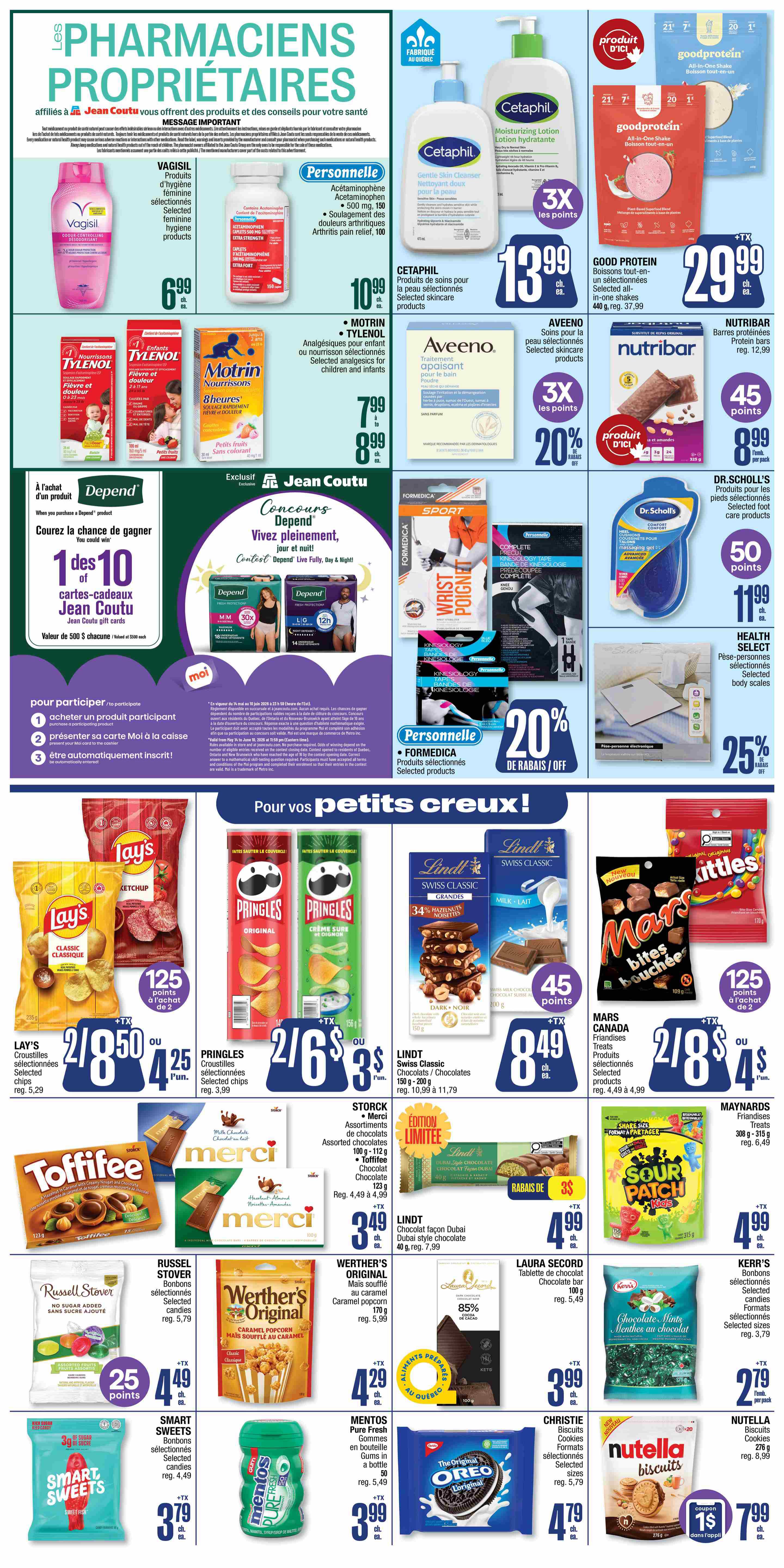Jean Coutu weekly flyer specials, Page 7. Featuring 'Les Pharmaciens Propriétaires' with health and personal care items. Includes Vagisil feminine hygiene products for $6.99, Personnelle Acetaminophen for pain relief at $10.99, and Motrin Analgesics for children and infants for $7.99 to $8.99. Cetaphil skincare products are available, with Gentle Skin Cleanser and Moisturizing Lotion for $13.99 each, offering 3X the points. Aveeno soothing bath treatment is on sale for 20% off. Good Protein all-in-one shakes are $29.99. Nutribar protein bars are $8.99 with 45 points. Dr. Scholl's foot care products are $11.99. Health Select body scales are 25% off. Also featured is a Depend contest to win Jean Coutu gift cards. For 'Pour vos petits creux!' (For your little cravings!), find Lay's chips for 2 for $8.50, Pringles chips for 2 for $6, Lindt Swiss Classic chocolates for $8.49, Mars Canada bites for 2 for $8, and Maynards friandises for $4.99. Other treats include Toffifee, Merci chocolates for $3.49, Lindt Dubai style chocolate for $4.99, Russell Stover candies for $4.49 with 25 points, Werther's Original caramel popcorn for $4.29, Laura Secord chocolate bars for $3.99, Mentos Pure Fresh gum for $3.99, Christie biscuits for $4.79, and Nutella biscuits for $7.99 with a $1 coupon.