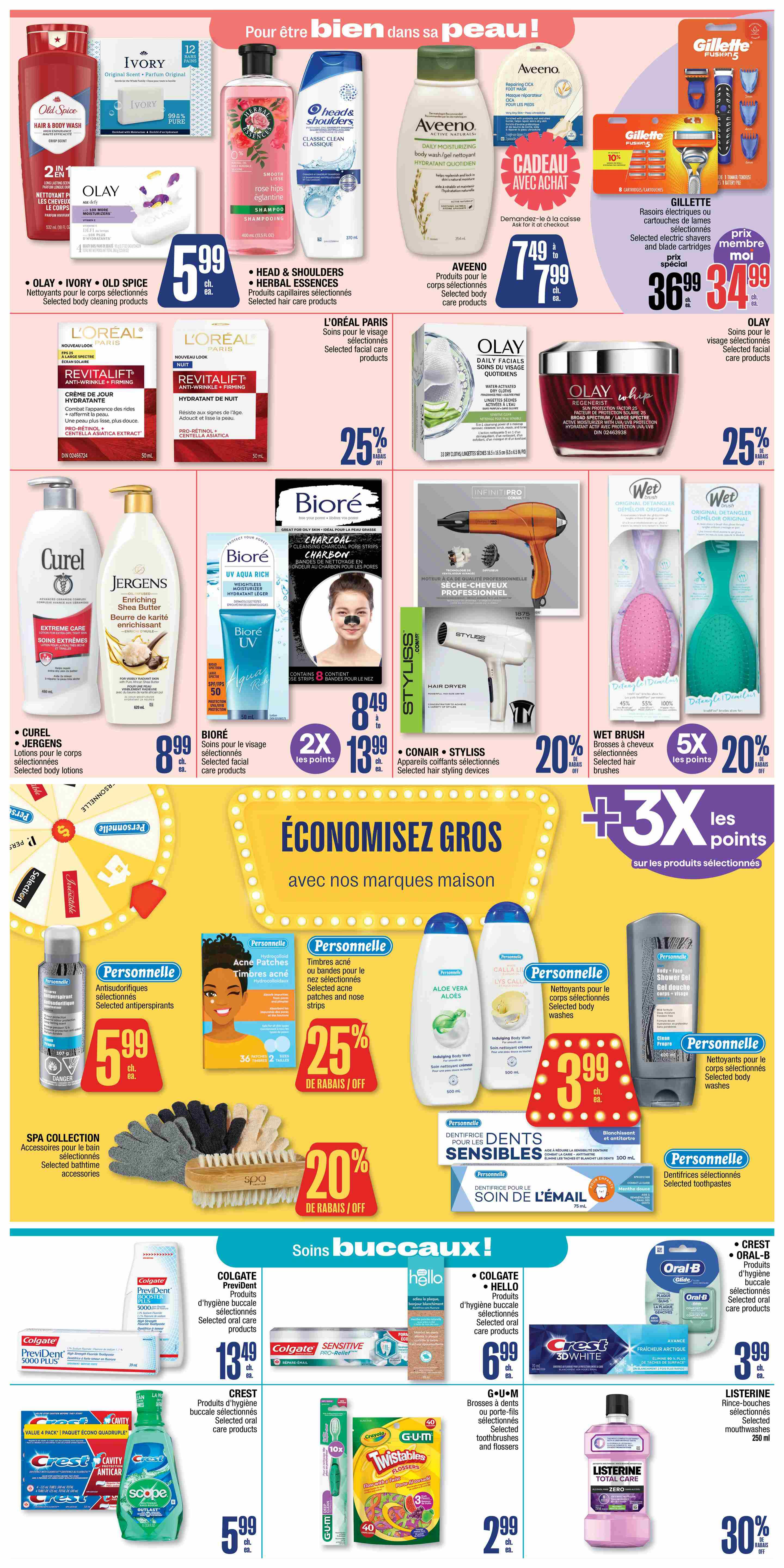 Jean Coutu weekly flyer specials page 8 features a 'Better for your skin!' section with Olay, Ivory, Old Spice body cleaning products for $5.99, Head & Shoulders and Herbal Essences hair care products, Aveeno body wash and lotions for $7.49 to $7.99, and Gillette razors and cartridges starting at $36.99. Also featured are L'Oréal Revitalift facial care products with 25% off, Olay Daily Facials for $8.49, and Wet Brush hair brushes for 20% off. Curél and Jergens body lotions are $8.99. Biore charcoal pore strips and UV Aqua Rich facial products are on sale with 2x loyalty points and $13.99. Conair and Styliss hair dryers are 20% off. The 'Save Big with our house brands' section includes Personnelle antiperspirants for $5.99, acne patches for 25% off, and body washes for $3.99. Spa Collection bath accessories are 20% off. In the 'Oral Care' section, Colgate Prevident dental products are $13.49, Crest dental products are $5.99, Hello and Colgate oral care products are $6.99, GUM toothbrushes and flossers are $2.99, Oral-B dental care products are $3.99, and Listerine mouthwash is 30% off.
