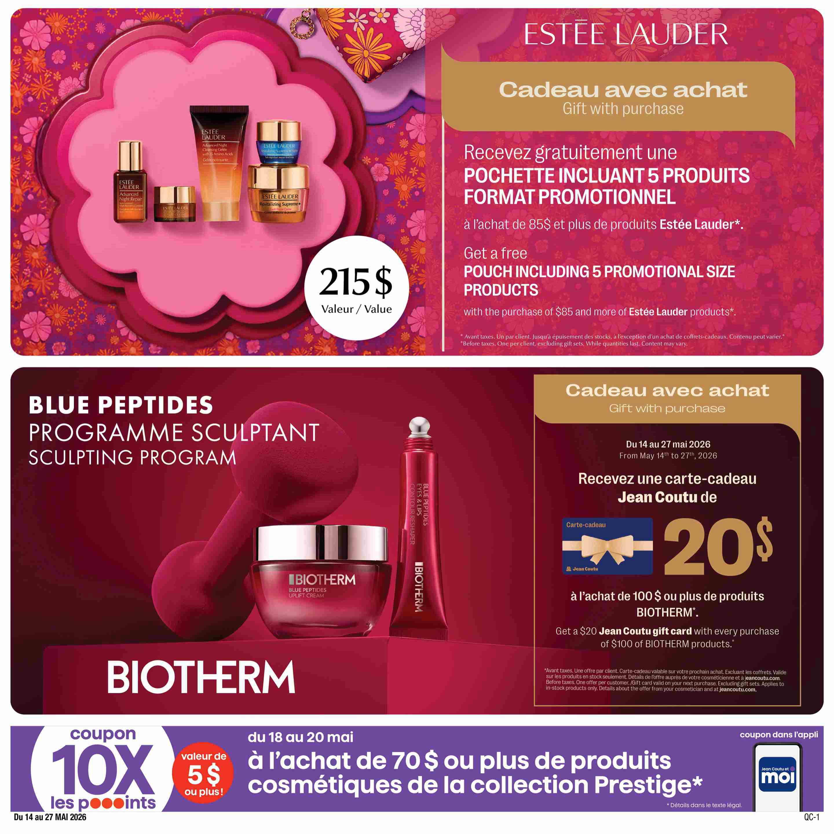 Jean Coutu Beauty Book flyer, page 2. Top section features Estée Lauder with a gift with purchase: a pouch including 5 promotional size products, valued at $215, with the purchase of $85 or more of Estée Lauder products. Bottom section showcases Biotherm's Blue Peptides Sculpting Program. Receive a $20 Jean Coutu gift card with the purchase of $100 or more of Biotherm products, valid from May 14th to May 27th, 2026. Also, get 10x the points coupon, valued at $5 or more, with purchases of $70 or more on Prestige collection cosmetics, valid from May 18th to May 20th. This offer is available via the Jean Coutu app.
