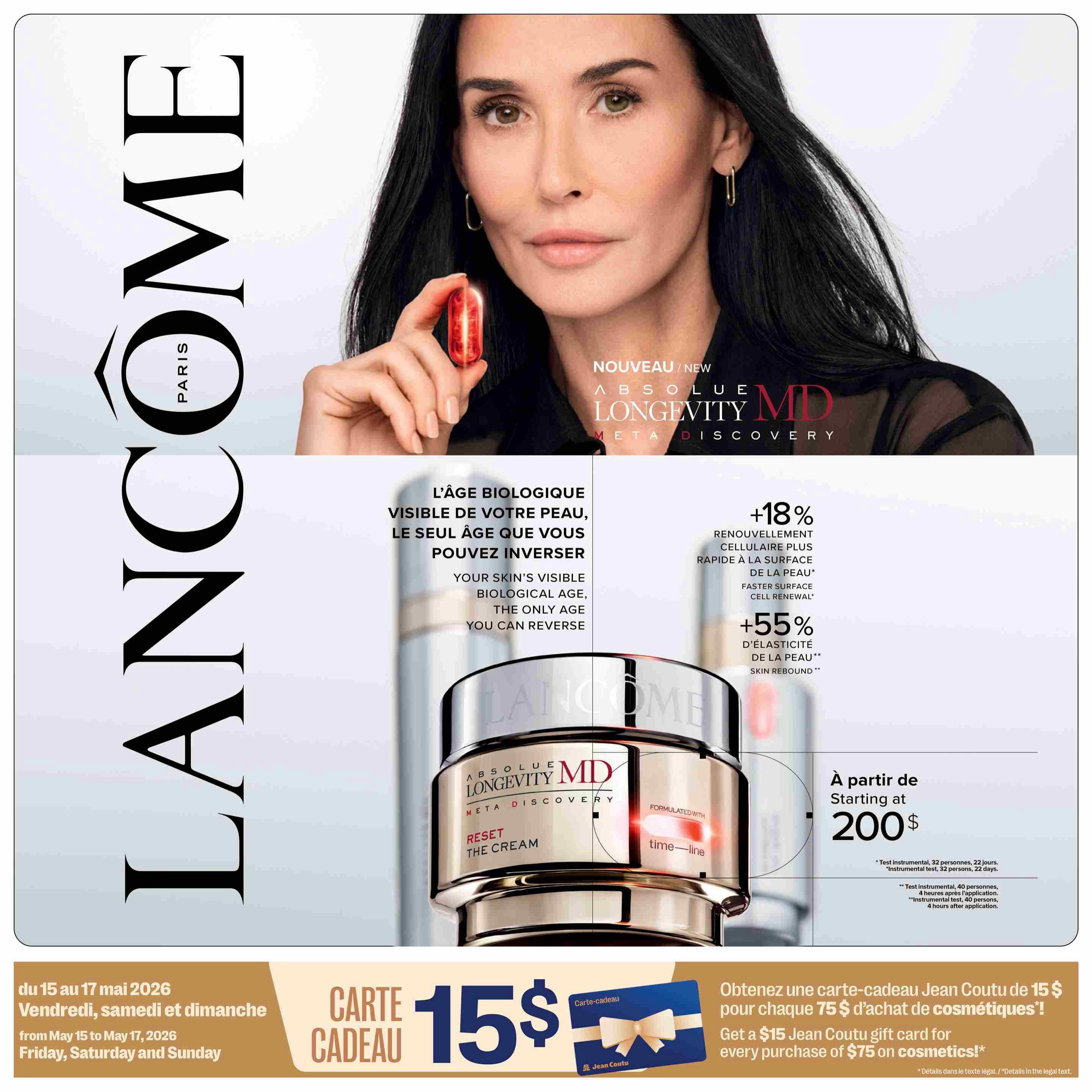 Jean Coutu Beauty Book flyer, page 3, features Lancôme Absolue Longevity MD Meta Discovery skincare. The page highlights the product 'Reset The Cream' with claims of 'Your skin's visible biological age, the only age you can reverse,' +18% faster surface cell renewal, and +55% skin rebound. The product starts at $200. A special offer provides a $15 Jean Coutu gift card for every $75 purchase of cosmetics, valid from May 15 to May 17, 2026, 2026, Friday, Saturday and Sunday.