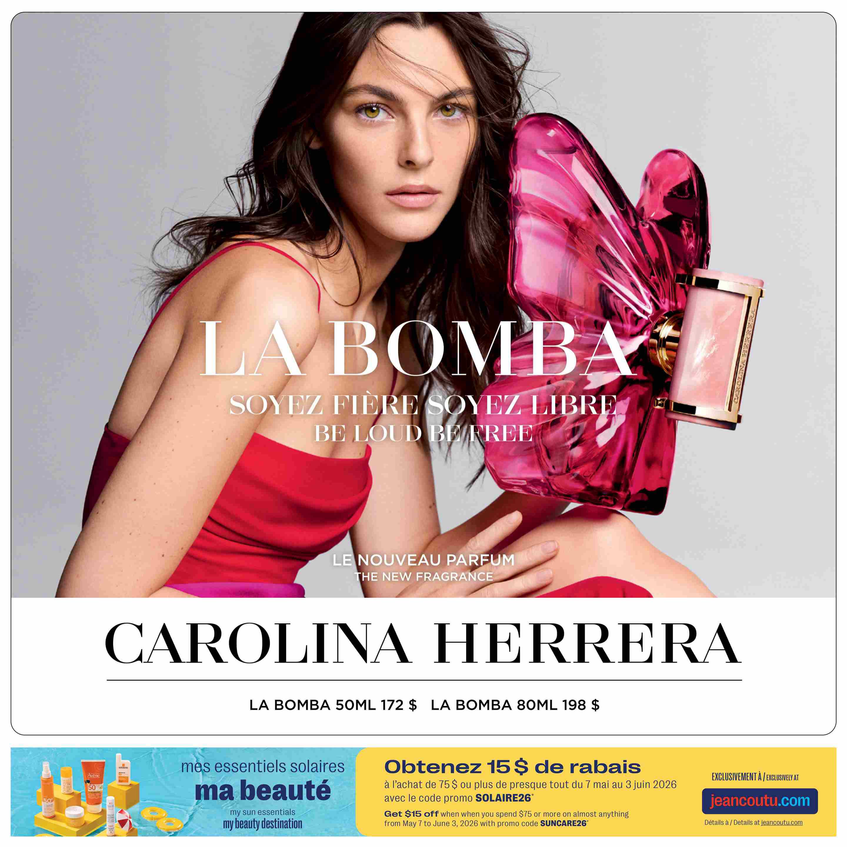 Jean Coutu Beauty Book flyer, page 5. Features the new fragrance 'La Bomba' by Carolina Herrera. Available in 50ml for $172 and 80ml for $198. The page also promotes 'my sun essentials, my beauty destination' with various sun care products. Get $15 off when you spend $75 or more on almost anything from May 7 to June 3, 2026, with promo code SUNCARE26. Details available at jeancoutu.com.