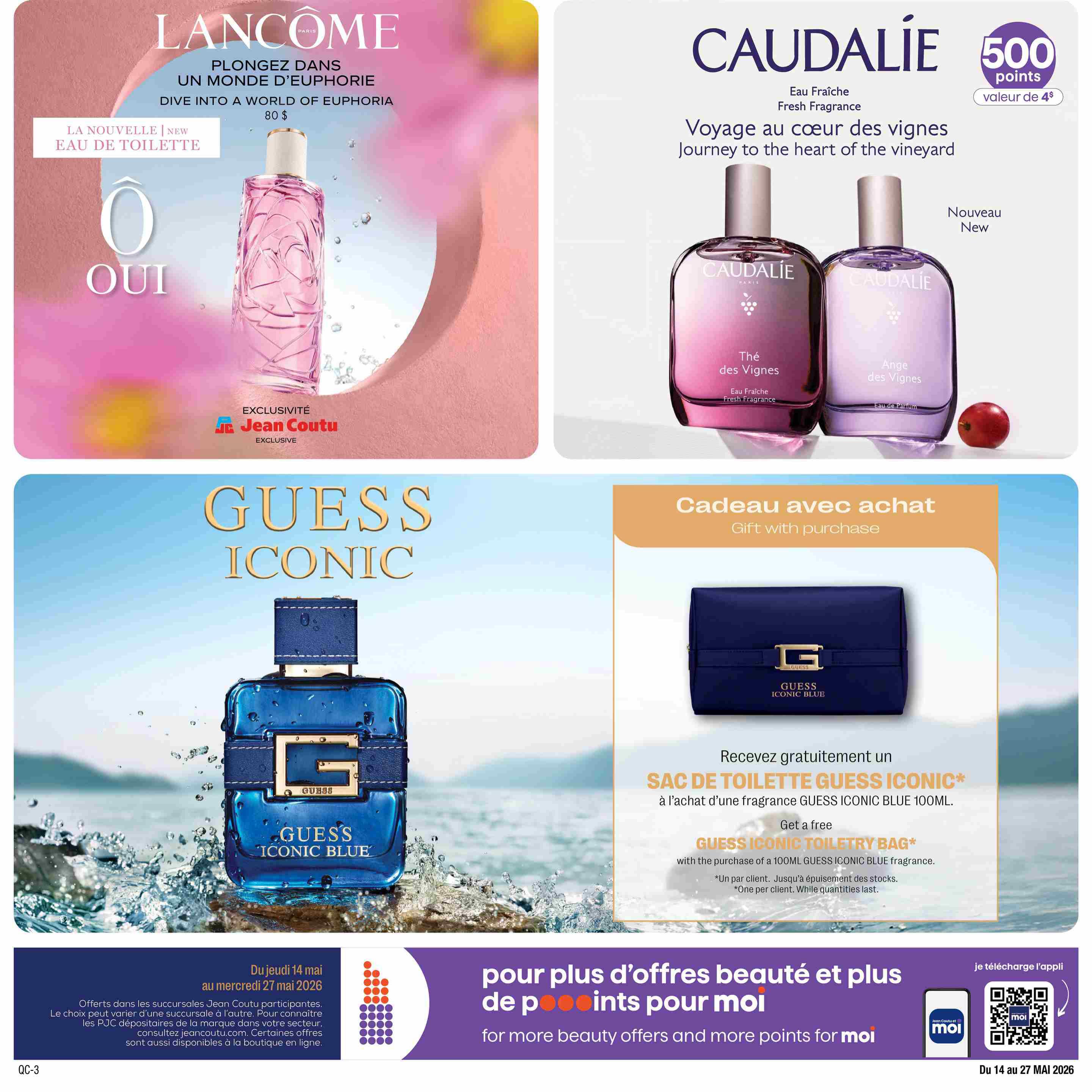 Jean Coutu Beauty Book flyer, page 6. Features Lancôme 'Ô Oui' Eau de Toilette, a new fragrance for $80. Also showcases Caudalie 'Thé des Vignes' and 'Ange des Vignes' Fresh Fragrances, with an offer of 500 points (value of $4). The bottom section highlights Guess Iconic Blue fragrance, with a gift of a free Guess Iconic toiletry bag with the purchase of a 100ml Guess Iconic Blue fragrance. Offers valid from Thursday, May 14 to Wednesday, May 27, 2026. Includes a call to action to download the Jean Coutu app for more beauty offers and points.
