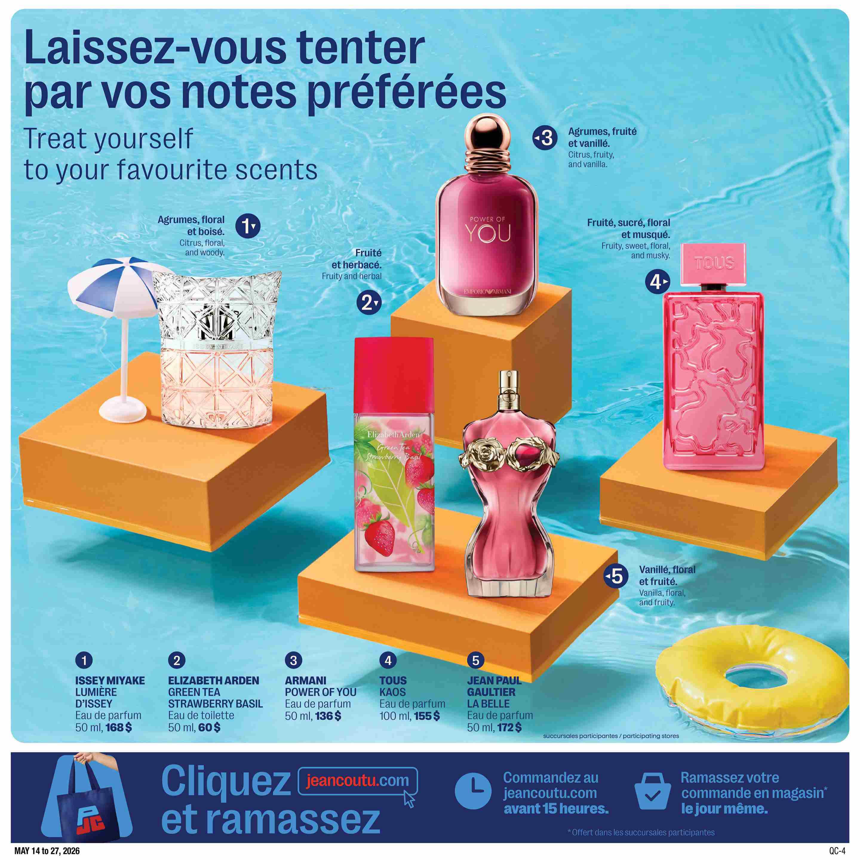 Jean Coutu Beauty Book flyer, page 8, featuring a selection of popular fragrances. Item 1 is Issey Miyake L'Eau d'Issey Lumière Eau de parfum, 50 ml, priced at $168, with citrus, floral, and woody notes. Item 2 is Elizabeth Arden Green Tea Strawberry Basil Eau de toilette, 50 ml, priced at $60, with fruity and herbal notes. Item 3 is Armani Power of You Eau de parfum, 50 ml, priced at $136, with citrus, fruity, and vanilla notes. Item 4 is Tous Kaos Eau de parfum, 100 ml, priced at $155, with fruity, sweet, floral, and musky notes. Item 5 is Jean Paul Gaultier La Belle Eau de parfum, 50 ml, priced at $172, with vanilla, floral, and fruity notes. The page also promotes ordering online at jeancoutu.com for same-day in-store pickup. Valid May 14 to 27, 2026.
