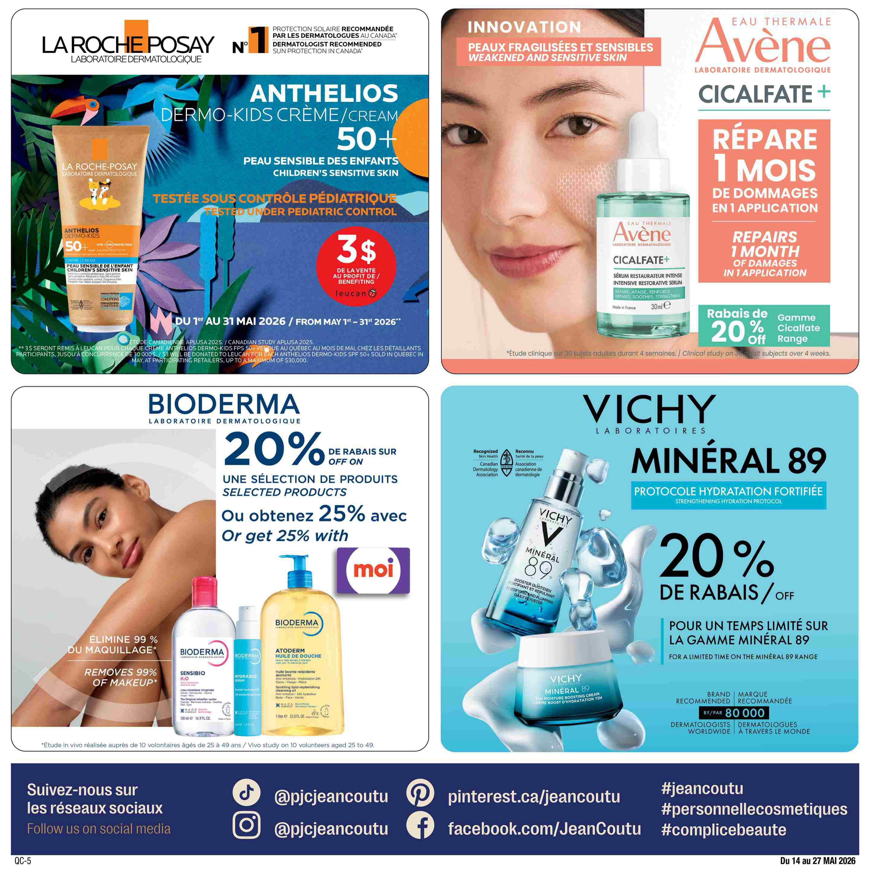 Jean Coutu Beauty Book flyer, page 10. Features La Roche-Posay Anthelios Dermo-Kids Cream SPF 50+ for children's sensitive skin, tested under pediatric control, with a $3 donation to Leucan for each purchase from May 1st to May 31st, 2026. Also highlights Avène Cicalfate+ Intensive Restorative Serum, offering 20% off the Cicalfate range, which repairs 1 month of damages in 1 application. On the lower half, Bioderma offers 20% off selected products or 25% off with 'moi' card, featuring Bioderma Sensibio H2O micellar water and Atoderm Shower Oil. Vichy Minéral 89 range is promoted with 20% off for a limited time, featuring the daily booster and 72H moisture boosting cream, recommended by 80,000 dermatologists worldwide. The bottom section includes social media links and hashtags for Jean Coutu.