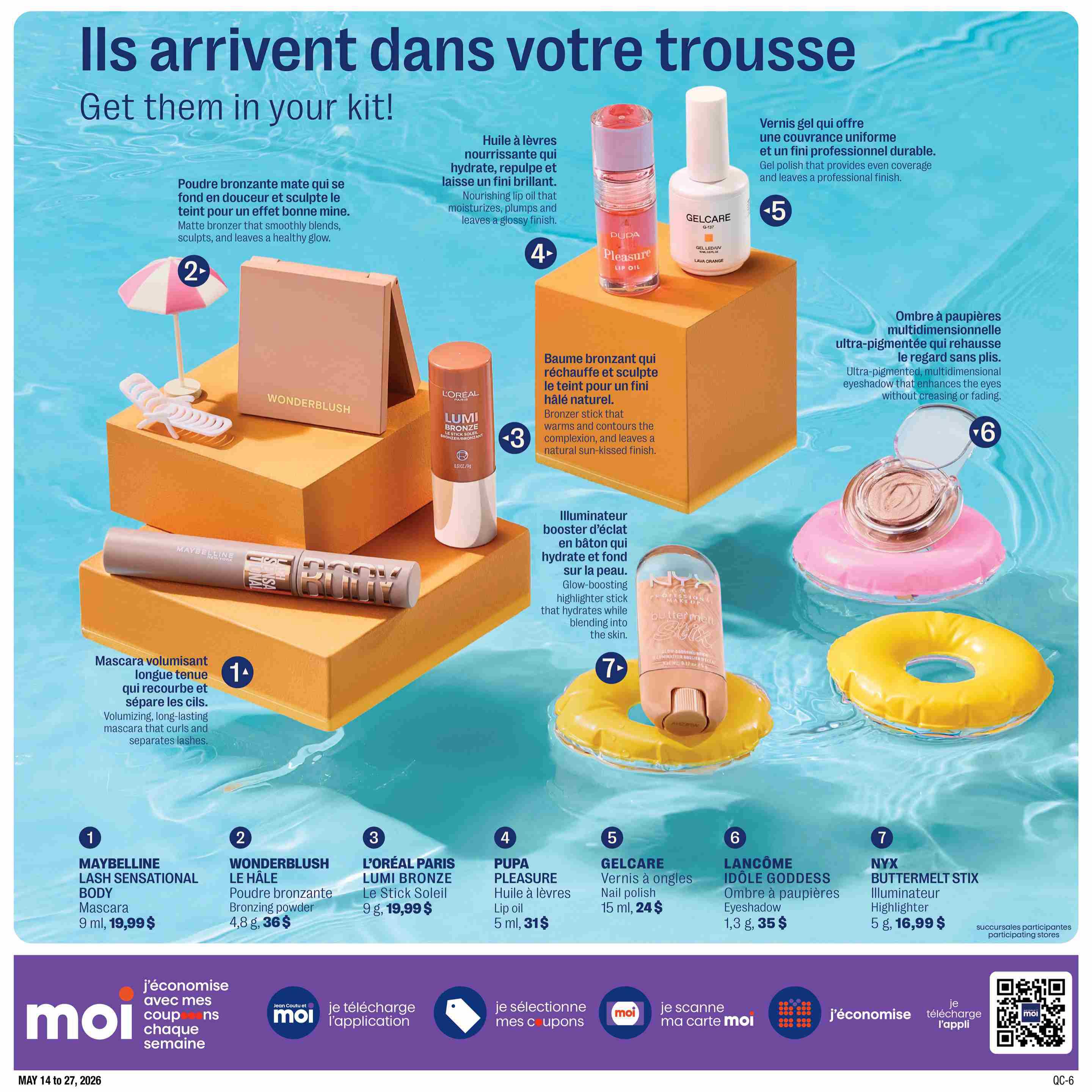 Jean Coutu Beauty Book flyer, page 12, featuring makeup products. Includes Maybelline Lash Sensational Body Mascara for $19.99, Wonderblush Le Hâle Bronzing Powder for $36, L'Oréal Paris Lumi Bronze Le Stick Soleil for $19.99, Pupa Pleasure Lip Oil for $31, Gelcare Nail Polish for $24, Lancôme Idôle Goddess Eyeshadow for $35, and NYX Buttermelt Stix Highlighter for $16.99. The page title is 'Ils arrivent dans votre trousse - Get them in your kit!'.