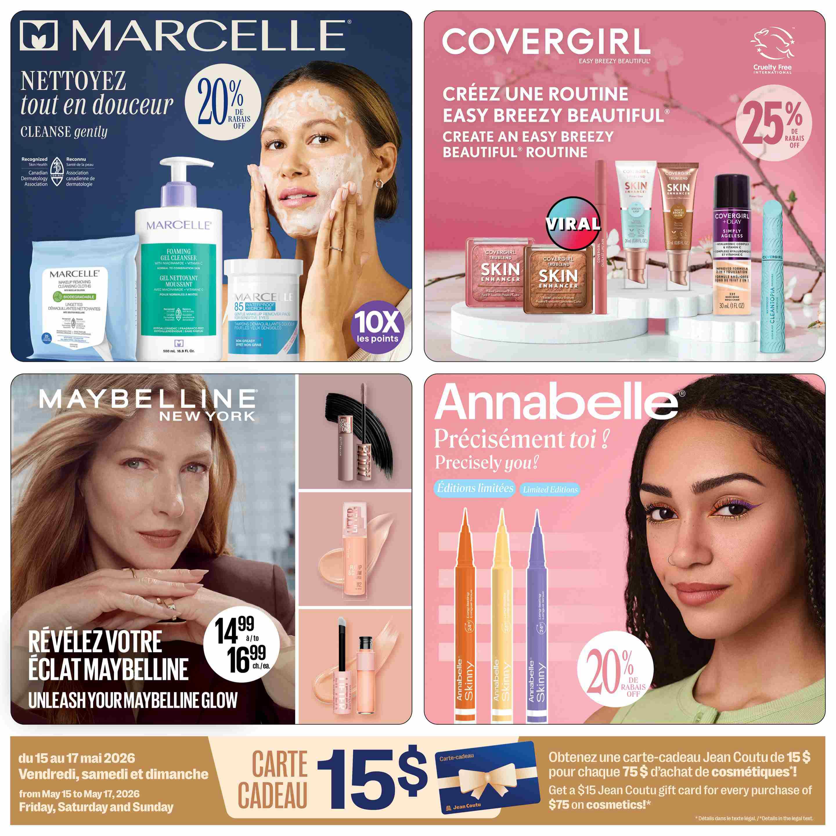 Jean Coutu Beauty Book flyer, page 13. Features Marcelle skincare with 20% off, including foaming gel cleanser and makeup removing cleansing cloths. Also highlights Covergirl Easy Breezy Beautiful products with 25% off, featuring Skin Enhancer, foundation, and mascara. Maybelline New York offers a special on their products, with prices at $14.99 and $16.99. Annabelle offers 20% off limited edition skinny liquid eyeliners. A special promotion offers a $15 Jean Coutu gift card for every $75 purchase of cosmetics, valid from May 15 to May 17, 2026, Friday to Sunday.