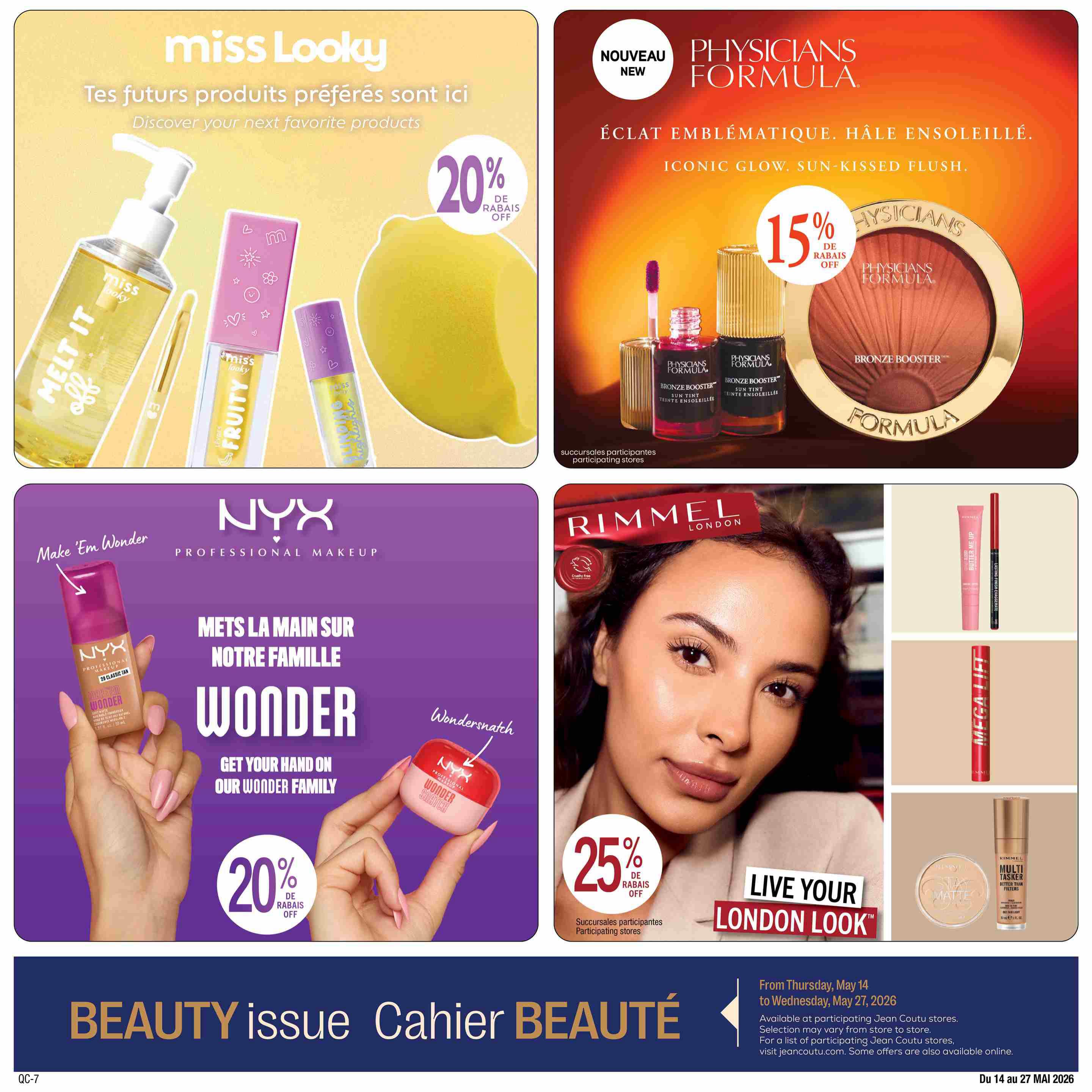 Jean Coutu Beauty Book flyer, page 14. Features Miss Looky products with 20% off, including Melt It Off and Fruity lip gloss. Physicians Formula offers a 15% discount on Bronze Booster sun-kissed flush products. NYX Professional Makeup highlights the Wonder family, with 20% off the Wonder product line, including Wonder Glaze and Wondersnatch. Rimmel London promotes the 'Live Your London Look' campaign, featuring Mega Lift mascara and Stay Matte foundation, with a 25% discount on select items. The flyer is valid from Thursday, May 14 to Wednesday, May 27, 2026.