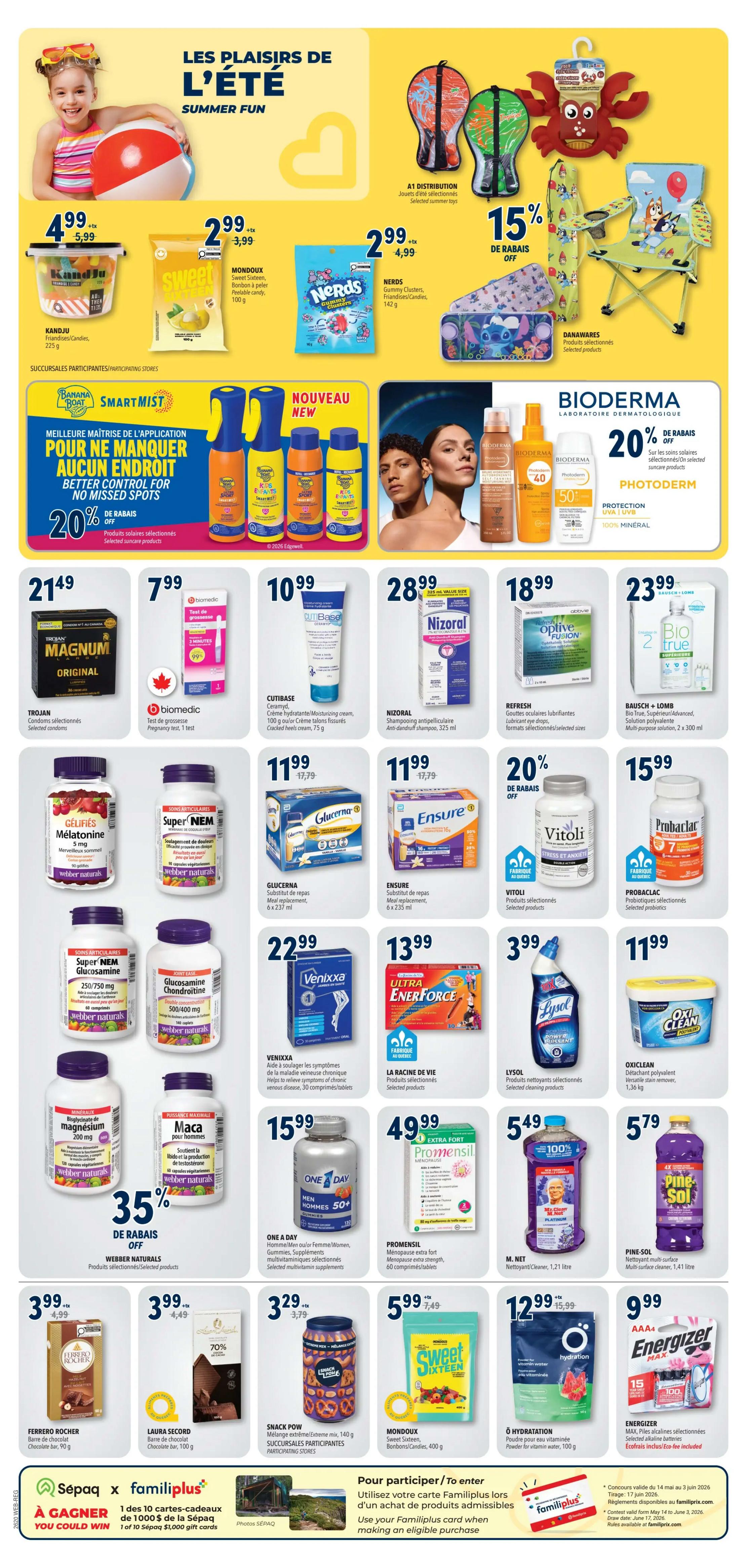 Familiprix flyer page 6 featuring summer fun items and health and wellness products. Top section includes Kandju Fruitables/Candies for $4.99, Mondoux Sweet Sixteen Candies for $2.99, and Nerds Candy Clusters for $2.99. Also featured are A1 Distribution selected summer toys with a 15% discount and Danawares selected products. Bioderma Photoderm sunscreen products are on promotion with 20% off. The main section displays Trojan Magnum Original condoms for $21.49, Biomedic Pregnancy tests for $7.99, Cutibase Moisturizing Cream for $10.99, and Nizoral Anti-dandruff Shampoo for $28.99. Other featured items include Webber Naturals Melatonin for $11.99, Super-NEM Joint Support for $11.99, Glucerna meal replacement for $11.99, Ensure meal replacement for $11.99, Vitoli Stress and Anxiety relief for 20% off, and Probarclac Probiotics for $15.99. Also available are Super-NEM Glucosamine and Chondroitin supplements, Venixxa for venous disease symptoms for $22.99, La Racine de Vie selected products for $13.99, Lysol cleaning products for $3.99, and Oxiclean stain remover for $5.79. Webber Naturals Magnesium Bisglycinate is 35% off, and Maca for men is featured. One A Day Multivitamins for Men/Women/50+ are $15.99. Promensil extra strength for menopause is $49.99. M. Net Cleaner is $5.49 and Pine-Sol Multi-surface cleaner is $5.79. The bottom section includes Ferrero Rocher chocolate bars for $3.99, Laura Secord chocolate bars for $3.99, Snack Pow Extreme Mix for $3.29, Mondoux Sweet Sixteen Candies for $5.99, O Hydratation vitamin water powder for $12.99, and Energizer Max batteries for $9.99. The bottom features a Familiprix contest to win gift cards.