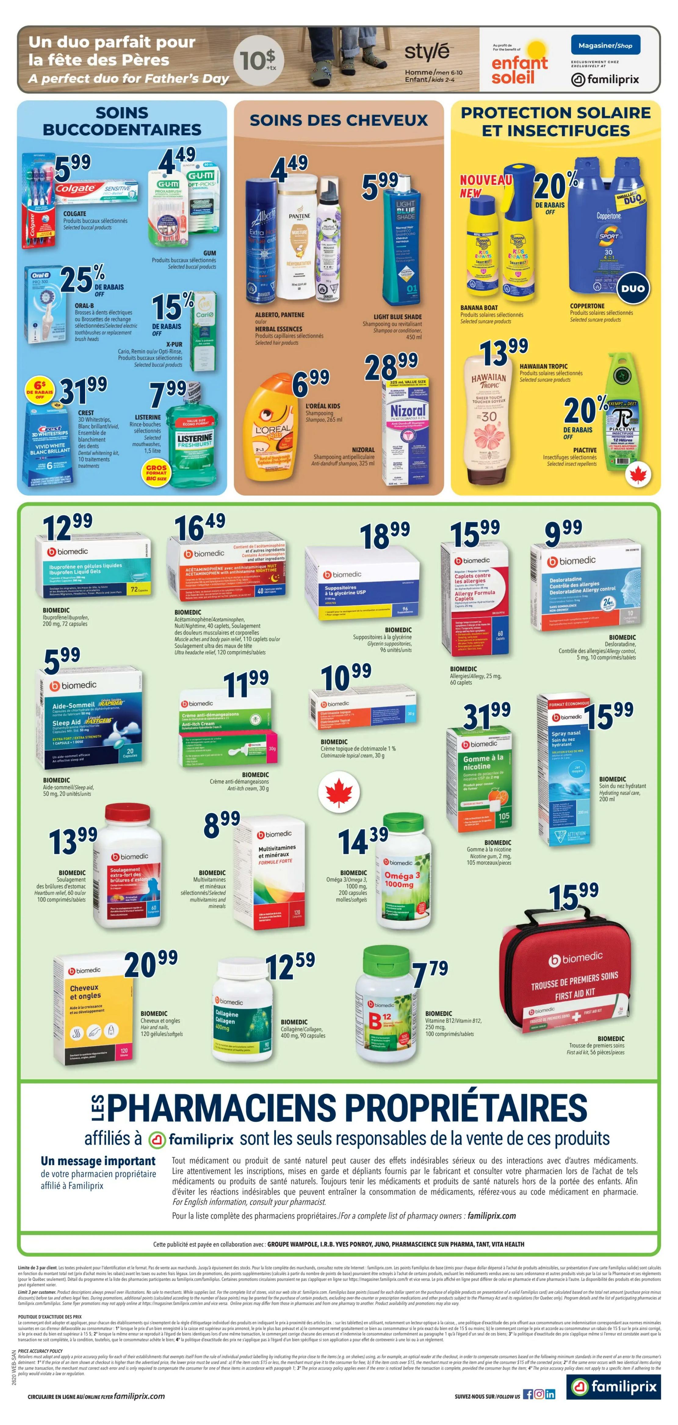 Familiprix flyer page 2 featuring Father's Day gift ideas and health products. Includes sections for oral care, hair care, and sun protection. Oral care offers include Colgate selected products for $5.99, GUM selected products for $4.49, Oral-B electric toothbrush heads or replacement brush heads with 25% off, and Cariu, Remin en/or Opti-Rinse, selected oral care products with 15% off. Crest 3D White Strips are $31.99, and Listerine selected mouthwashes are $7.99. Hair care includes Alberto, Pantene herbal essences selected products for $4.49, L'Oréal Kids shampoo for $6.99, and Nizoral anti-dandruff shampoo for $28.99. Light Blue Shade shampoo or conditioner is $5.99. Sun protection and insect repellents feature Banana Boat selected products with a new look and 20% off, Coppertone Duo selected products, Hawaiian Tropic selected products for $13.99, and Pactive insect repellents with 20% off. The flyer also showcases a variety of Biomedic health products: Ibuprofen liquid gel caps for $12.99, Acetaminophen/Aspirin/Ibuprofen for $16.49, USP Glycerin suppositories for $18.99, Sleep Aid capsules for $5.99, Anti-itch cream for $11.99, Allergy Formula caplets for $15.99, Desloratadine allergy control for $9.99, Biomedic pain relief for $13.99, Multivitamins and minerals for $8.99, Omega 3 1000mg for $14.39, Hair and nails capsules for $20.99, Collagen/Collagen 400mg for $12.59, Vitamin B12 for $7.79, Nicotine gum for $31.99, and Hydrating nasal care spray for $15.99. A message from affiliated pharmacists is also included.