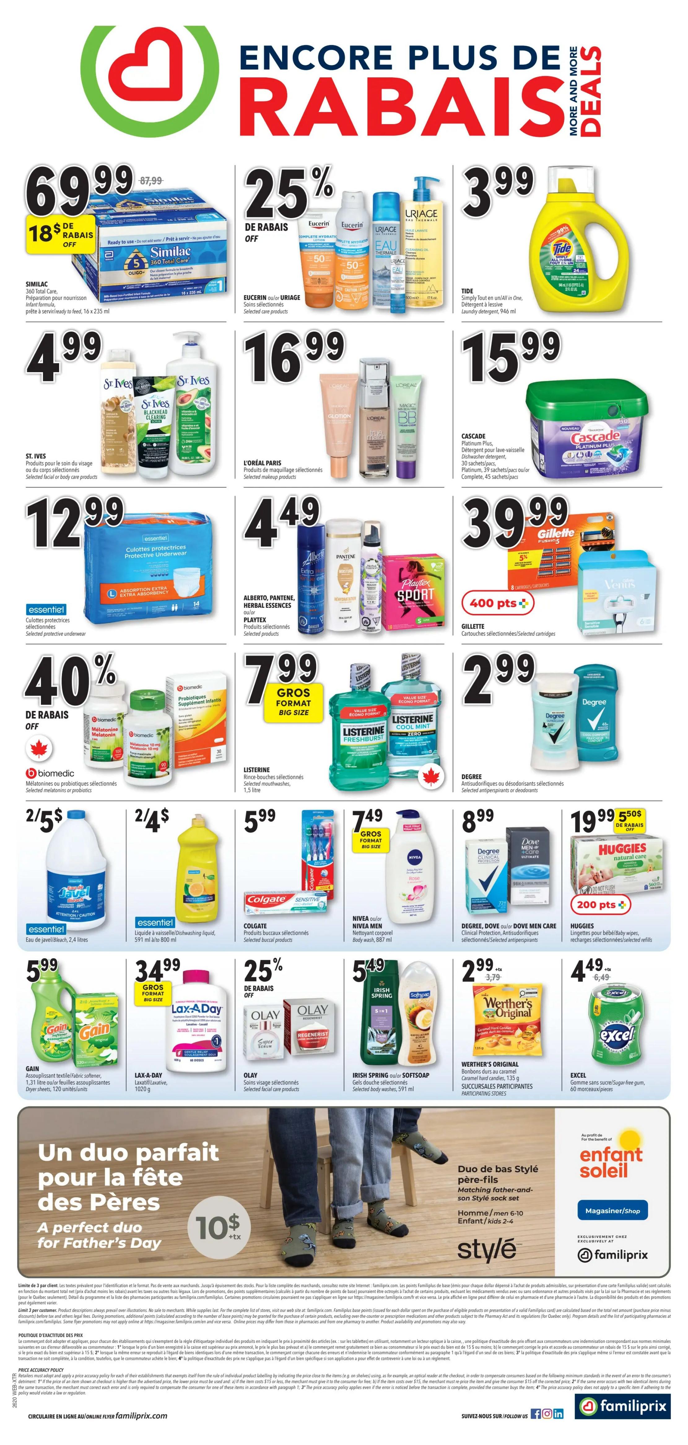 Familiprix flyer page 2 featuring a large 'Encore Plus De Rabais' (More Deals) banner. Offers include Similac 360 Total Care formula for $69.99 with $18 off, Eucerin or Uriage selected care products at 25% off, and Tide laundry detergent for $3.99. Also featured are St. Ives facial or body care products for $4.99, L'Oréal Paris selected makeup products for $16.99, and Cascade Platinum Plus dishwasher detergent for $15.99. Essential protective underwear is $12.99. Alberto, Pantene, and Herbal Essences selected products are $4.49. Biomec Melatonin or selected probiotics are 40% off. Listerine mouthwashes (Freshburst and Cool Mint) are $7.99. Gain fabric softener is $5.99. Lax-A-Day liquid is $34.99. Colgate selected buccal products are $5.99. Olay selected facial care products are 25% off. Nivea or Nivea Men body wash is $7.49. Degree antiperspirants or deodorants are $2.99. Huggies baby wipes are $19.99 with 200 points. Irish Spring or Softsoap body washes are $5.49. Werther's Original caramel candy is $2.99. Excel sugar-free gum is $4.49. The page also highlights a Father's Day promotion for 'Style' matching father and son sock sets for $10 plus tax.