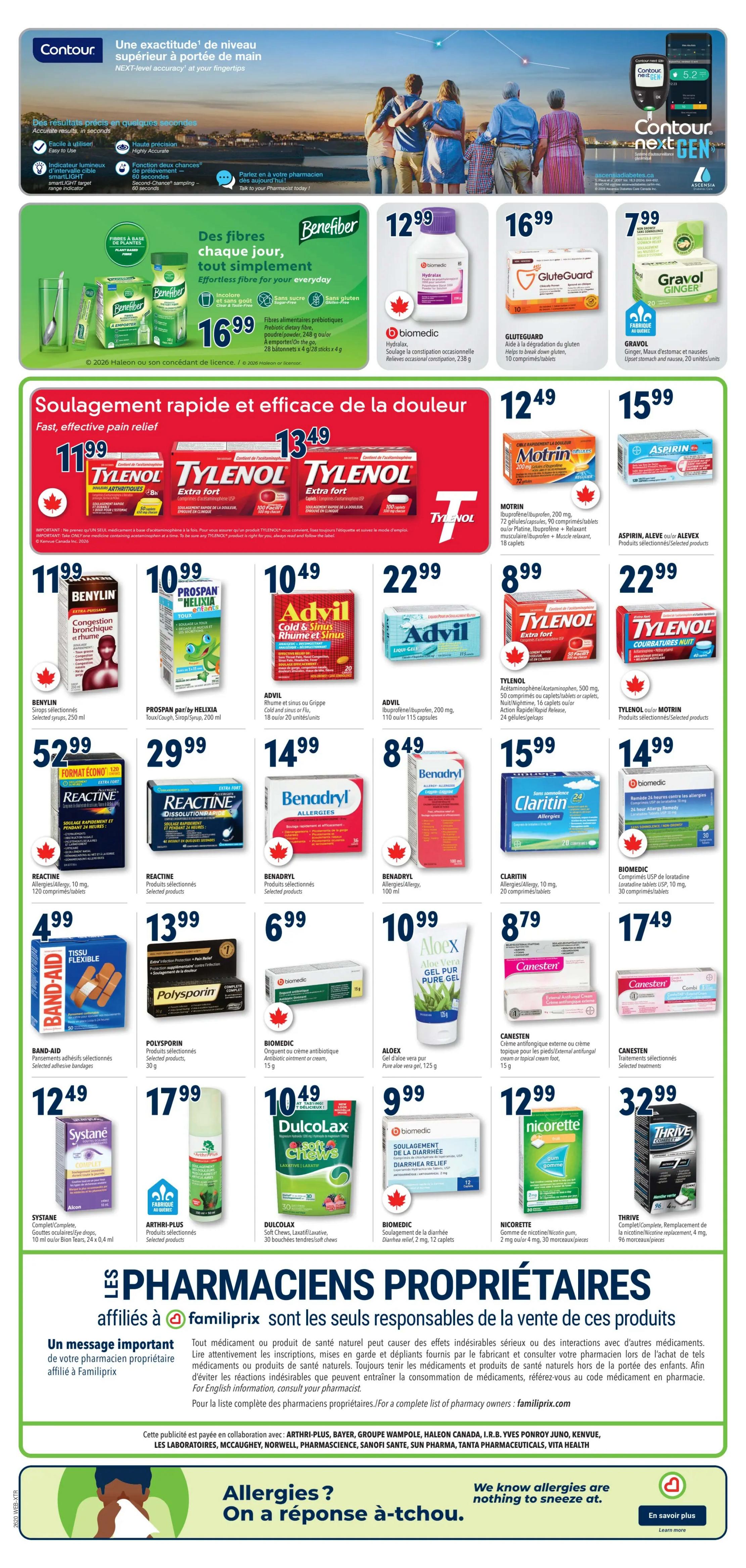 Familiprix flyer page 4 features a wide selection of health and wellness products. Top banner highlights Contour Next Gen for blood glucose monitoring. The main section showcases pain relief options: Benefiber dietary fibre for $16.99, Biomedic Hydralax for constipation relief at $12.99, GluteGuard for gluten digestion at $16.99, and Gravol Ginger for nausea at $7.99. Fast, effective pain relief includes Tylenol Extra Strength at $11.99 and $13.49, Benadryl Cold & Sinus Rhinitis and Sinus at $10.49, Advil Cold & Sinus Rhinitis and Sinus at $10.49, Advil Ibuprofen 200 mg at $22.99, Tylenol Extra Strength caplets at $8.99, and Motrin Ibuprofen 200 mg at $12.49. Allergy relief products include Benadryl Allergy at $52.99 and $8.49, Reactine Allergy at $52.99 and $29.99, Claritin Allergy at $15.99, and Biomedic Loratadine tablets at $14.99. Other featured items are Band-Aid Flexible Bandages for $4.99, Polysporin for $13.99, Biomedic Antibiotic ointment at $6.99, Aloex Pure Aloe Vera gel at $10.99, Canesten for fungal infections at $8.79, Canesten treatments at $17.49, Systane eye drops at $12.49, Arthri-Plus for selected products at $17.99, Dulcolax Soft Chews laxative at $10.49, Biomedic Diarrhea Relief at $9.99, Nicorette gum at $12.99, and Thrive nicotine replacement therapy at $32.99. The bottom section emphasizes 'Les Pharmaciens Propriétaires' affiliated with Familiprix, offering important messages about medication use and consulting pharmacists. It also includes allergy information and a call to action to learn more.