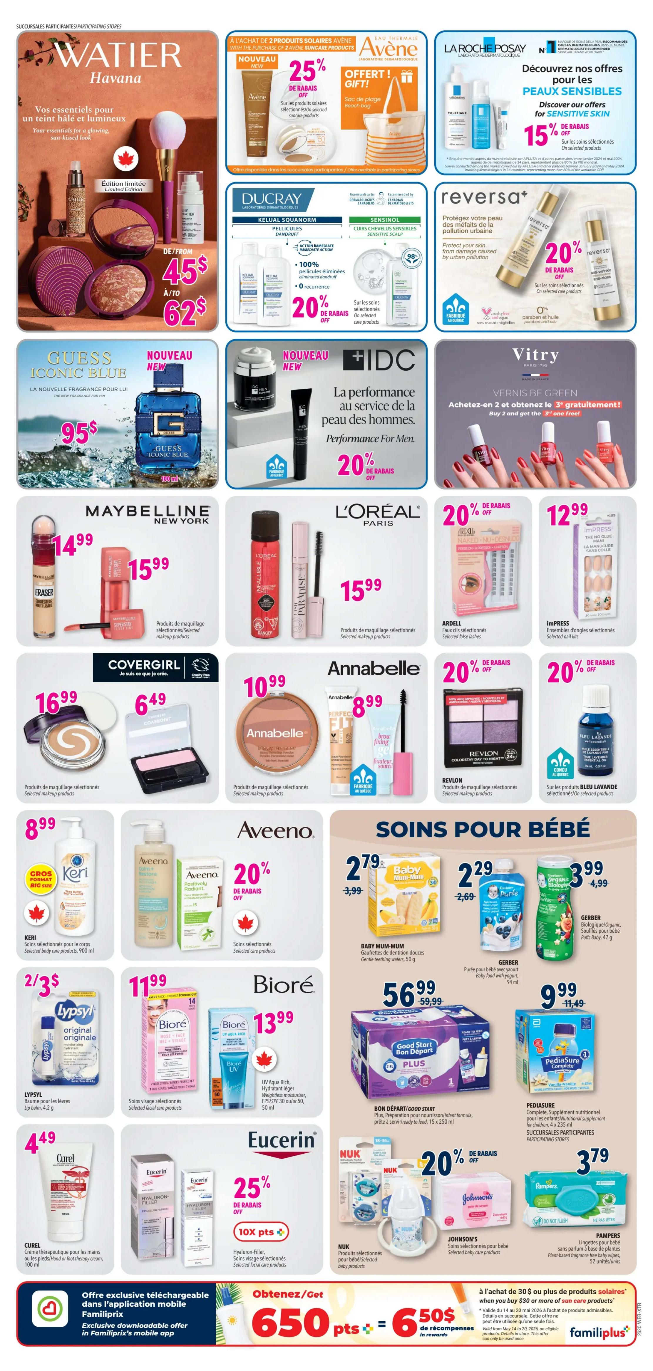 Familiprix flyer page 5 featuring a variety of health and beauty products. Top section includes WatiER Havana essentials, Avène sun care with a 25% discount and a beach bag gift with purchase, La Roche-Posay for sensitive skin with a 15% discount, and Ducray and Sensinol hair care with 20% off. Reversa anti-pollution skincare is also featured. Vitry nail polish offers a buy 2 get 1 free deal. Mid-section showcases Guess Iconic Blue fragrance for $95, IDC Performance For Men products with a 20% discount, and Maybelline New York Eraser concealer for $14.99 and other makeup for $15.99. L'Oréal Paris makeup is $15.99, Ardell false lashes are 20% off, and ImPRESS nails are $12.99. Covergirl makeup is $16.99 and $6.49. Annabelle makeup products are $10.99 and $8.99. Revlon makeup is $8.99. Bleu Lavande products are also available. The bottom section focuses on Aveeno body care with 20% off, Keri body lotion for $8.99, and Lypsyl lip balm 2 for $3. Bioré facial care is $11.99 and $13.99. Eucerin Hyaluron-Filler is 25% off. Baby care includes Baby Mum-Mum teething wafers for $2.79, Gerber baby food for $2.29, and PediaSure nutritional supplement for $9.99. Good Start baby formula is $56.99. NUK baby products and Johnson's baby care are featured. Pampers wipes are $3.79. The bottom right corner highlights a Familiprix offer: get 650 points or $6.50 in rewards when you spend $30 or more on sun care products, valid from May 14 to May 20, 2026.