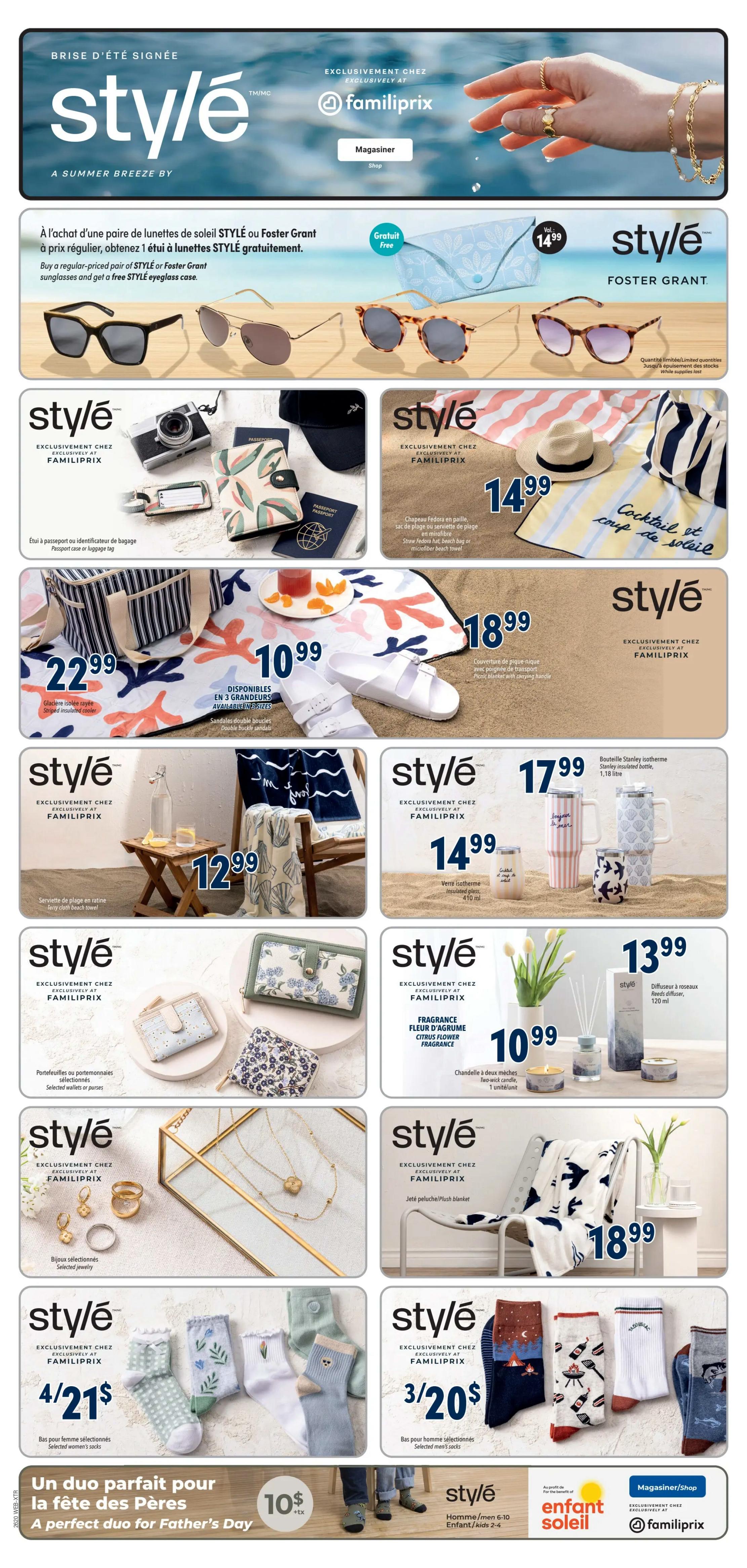 Familiprix flyer page 6 featuring STYLE products. Offers include a free STYLE eyeglass case with the purchase of STYLE or Foster Grant sunglasses. Featured items include a passport case or luggage tag for $22.99, double buckle sandals for $10.99, a straw fedora hat, beach bag, or microfiber beach towel for $14.99, a striped insulated cooler for $22.99, a picnic blanket with carrying handle for $18.99, a beach cloth towel for $12.99, selected wallets or purses, a citrus flower fragrance diffuser with two-wick candle for $13.99, insulated tumblers for $14.99 and $17.99, and a plush blanket for $18.99. Also available are selected women's socks, 4 for $21, and selected men's socks, 3 for $20. A Father's Day promotion offers a perfect duo for $10 plus tax.