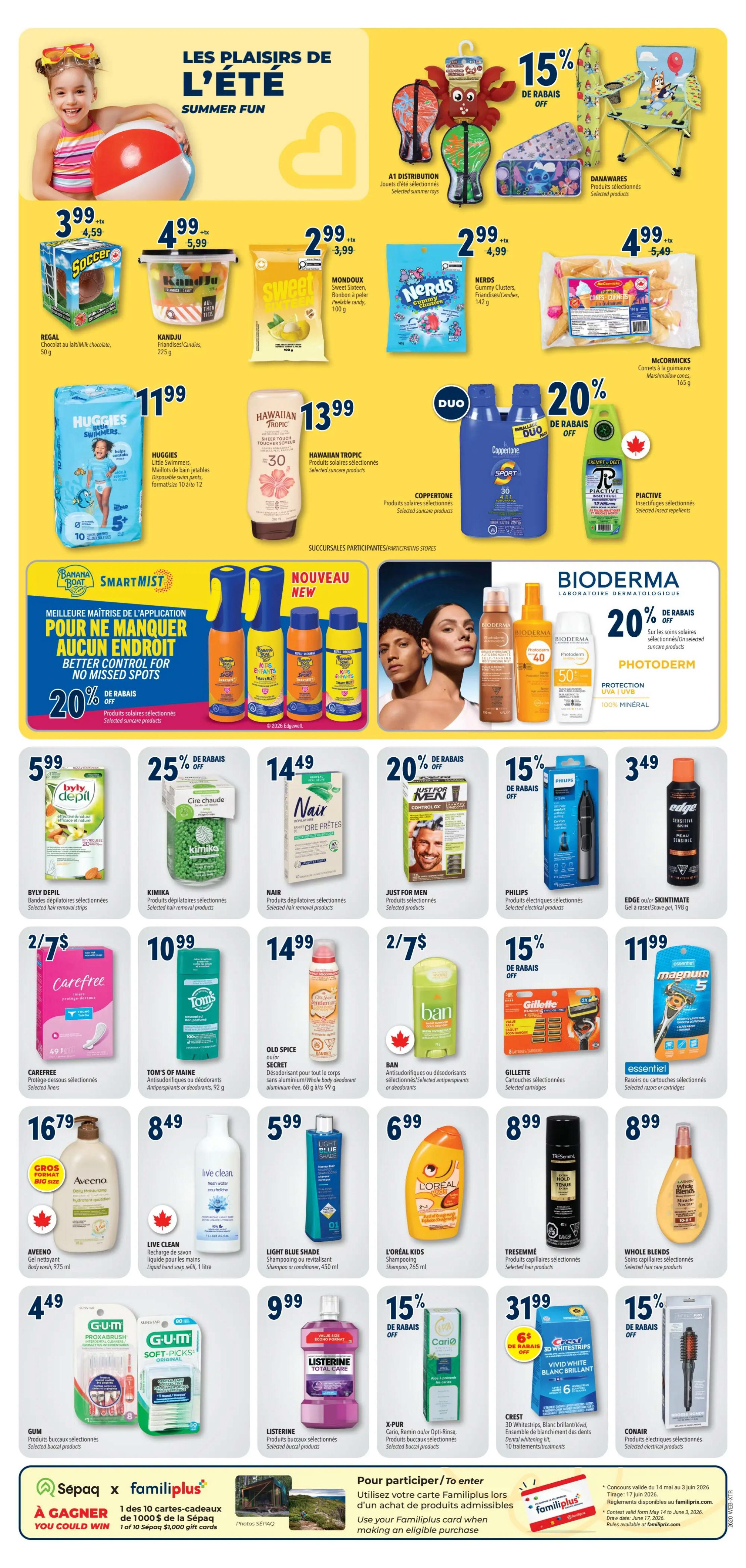 Familiprix flyer page 7 featuring summer fun and personal care products. Deals include Regal Soccer chocolate bars for $3.99, Kanuju candies for $4.99, Mondoux sweet soothers for $2.99, and Nerds candies for $2.99. McCormick Comets marshmallow cones are $4.99. Huggies Little Swimmers are $11.99. Hawaiian Tropic selected skincare products are $13.99. Coppertone and other selected skincare products are 20% off. Bioderma Photoderm selected suncare products are 20% off. Piactive selected insect repellents are 20% off. Buly Depil selected hair removal products are $5.99. Kimika selected hair removal products are 25% off. Nair selected hair removal products are $14.49. Just for Men selected products are 20% off. Carefree selected liners are 2 for $7. Tom's of Maine antiperspirants or deodorants are $10.99. Old Spice Secret deodorant is $14.99. Ban antiperspirants or deodorants are 2 for $7. Aveeno body wash is $16.79. Live Clean hand soap refill is $8.49. Light Blue Shade shampoo or conditioner is $5.99. L'Oréal Kids shampoo is $6.99. TRESemmé selected hair products are $8.99. Whole Blends selected hair care products are $8.99. Gum selected dental products are $4.49. Listerine Total Care is $9.99. X-Pur selected dental products are 15% off. Crest 3D Whitestrips are $31.99 with 6$ off. Conair selected electrical products are 15% off. The page also promotes a contest to win Familiprix gift cards.