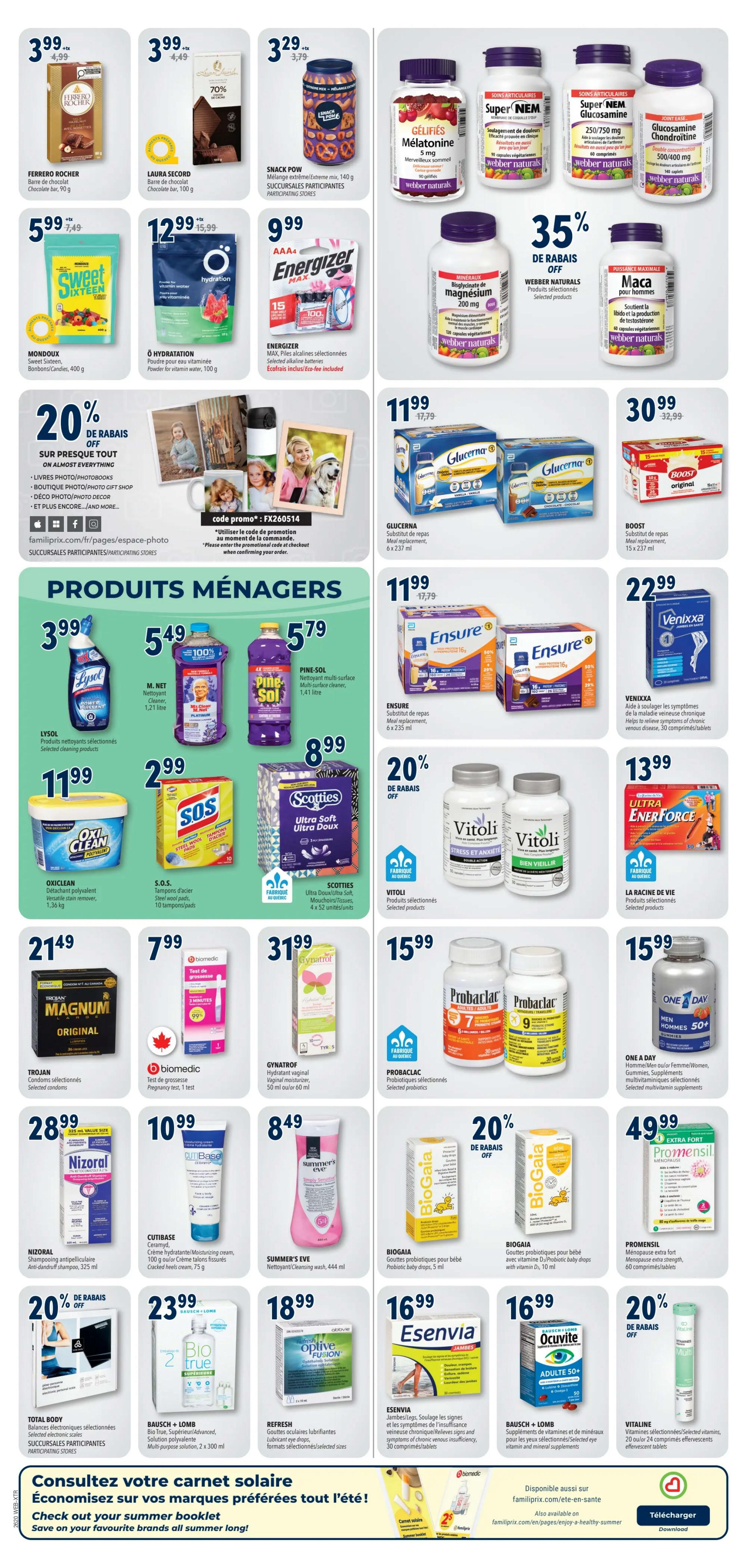 Familiprix Extra flyer page 8 features a variety of health, beauty, and household products. Top row includes Ferrero Rocher chocolate bar for $3.99, Laura Secord chocolate bar for $3.99, Snack Pow extreme mix for $3.29, and Webber Naturals Melatonin, Super NEM Glucosamine, and Glucosamine Chondroitin supplements. Energizer batteries are $9.99. Webber Naturals Maca is on sale with 35% off. Middle section showcases M. Net cleaner for $3.99, Pine Sol multi-surface cleaner for $5.79, Lysol cleaning products, SOS tampons for $2.99, and Scotties Ultra Soft Ultra Doux tissues for $8.99. Health supplements include Glucerna meal replacements for $11.99, Boost original for $30.99, Ensure meal replacements for $11.99, and Venixxa for $22.99. Other featured items are Trojan Magnum condoms for $21.49, Biømedic pregnancy test for $7.99, Gynatrof vaginal moisturizer for $31.99, Probarbac probiotics for $15.99, and One A Day Men 50+ multivitamins for $15.99. Lower section includes Nizoral anti-dandruff shampoo for $28.99, Cutibase cream for $10.99, Summer's Eve cleansing wash for $8.49, BioGaia probiotic drops for babies for $4.99, Vitoli stress and anxiety and well-being supplements with 20% off, Promensil extra strength for menopause for $49.99, Refresh eye drops for $18.99, Eseenvia for joint pain for $16.99, and Vitoline effervescent tablets for $16.99. A promotional message invites customers to check out their summer booklet for savings on favourite brands.