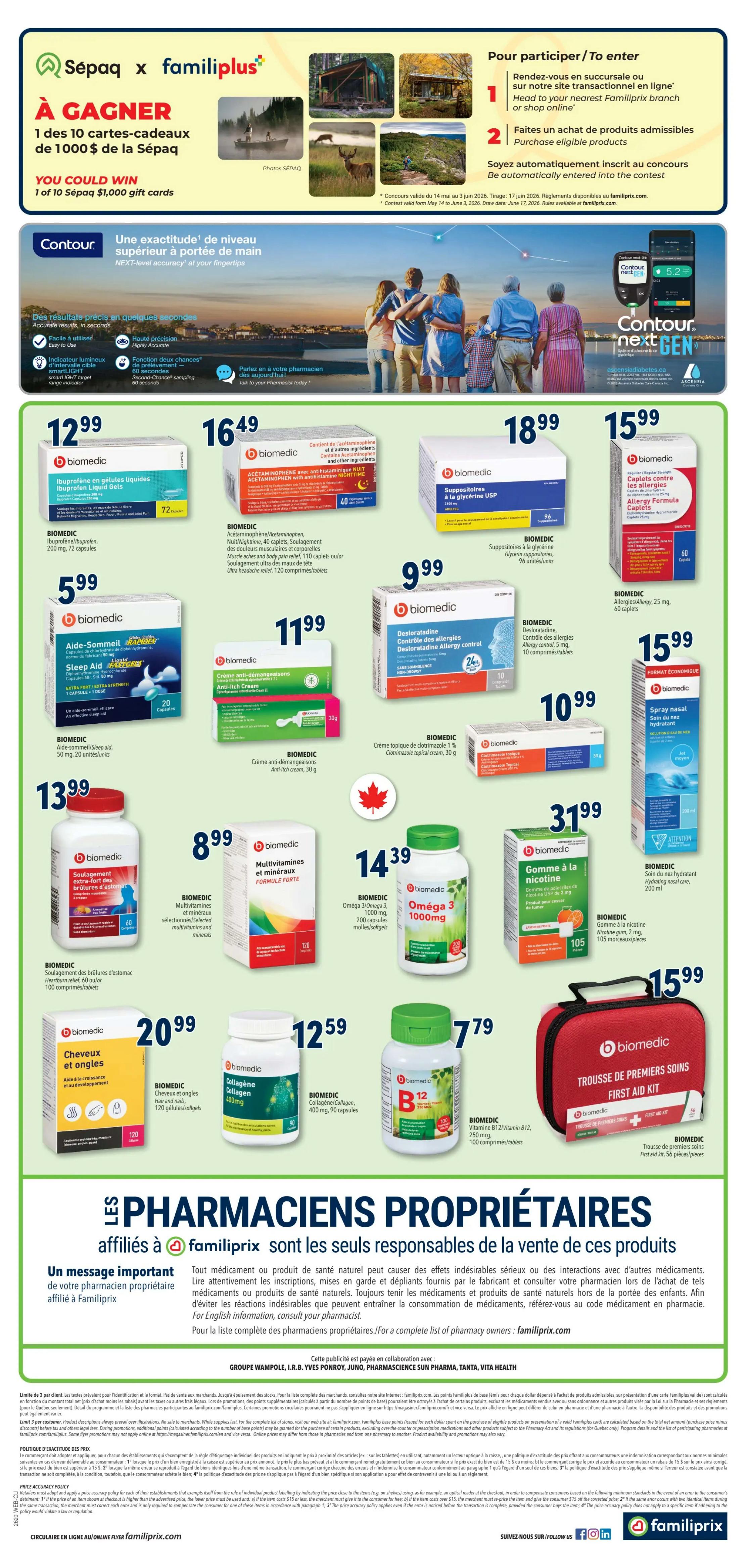 Familiprix flyer, page 2. Features a 'SÉPAQ x familiplus' contest to win 1 of 10 SÉPAQ $1,000 gift cards. The Contour Next Gen blood glucose monitoring system is highlighted. Product offers include: Biomedic liquid ibuprofen gels for $12.99, Biomedic acetaminophen and antihistamine night time caplets for $16.49, Biomedic glycerin suppositories USP for $18.99, and Biomedic Allergic Formula caplets for $15.99. Also featured are: Biomedic Sleep Aid caplets for $5.99, Biomedic anti-itch cream for $11.99, Biomedic Desloratadine allergy control for $9.99, Biomedic clotrimazole topical cream for $10.99. Additional products include: Biomedic extra strength stomach relief tablets for $13.99, Biomedic multivitamins and minerals for $8.99, Biomedic Omega 3 1000mg for $14.39, Biomedic nicotine gum for $31.99, Biomedic hair and nails capsules for $20.99, Biomedic collagen capsules for $12.59, Biomedic Vitamin B12 tablets for $7.79, and a Biomedic First Aid Kit for $15.99. The page also includes a message about proprietary pharmacists being responsible for the sale of these products.
