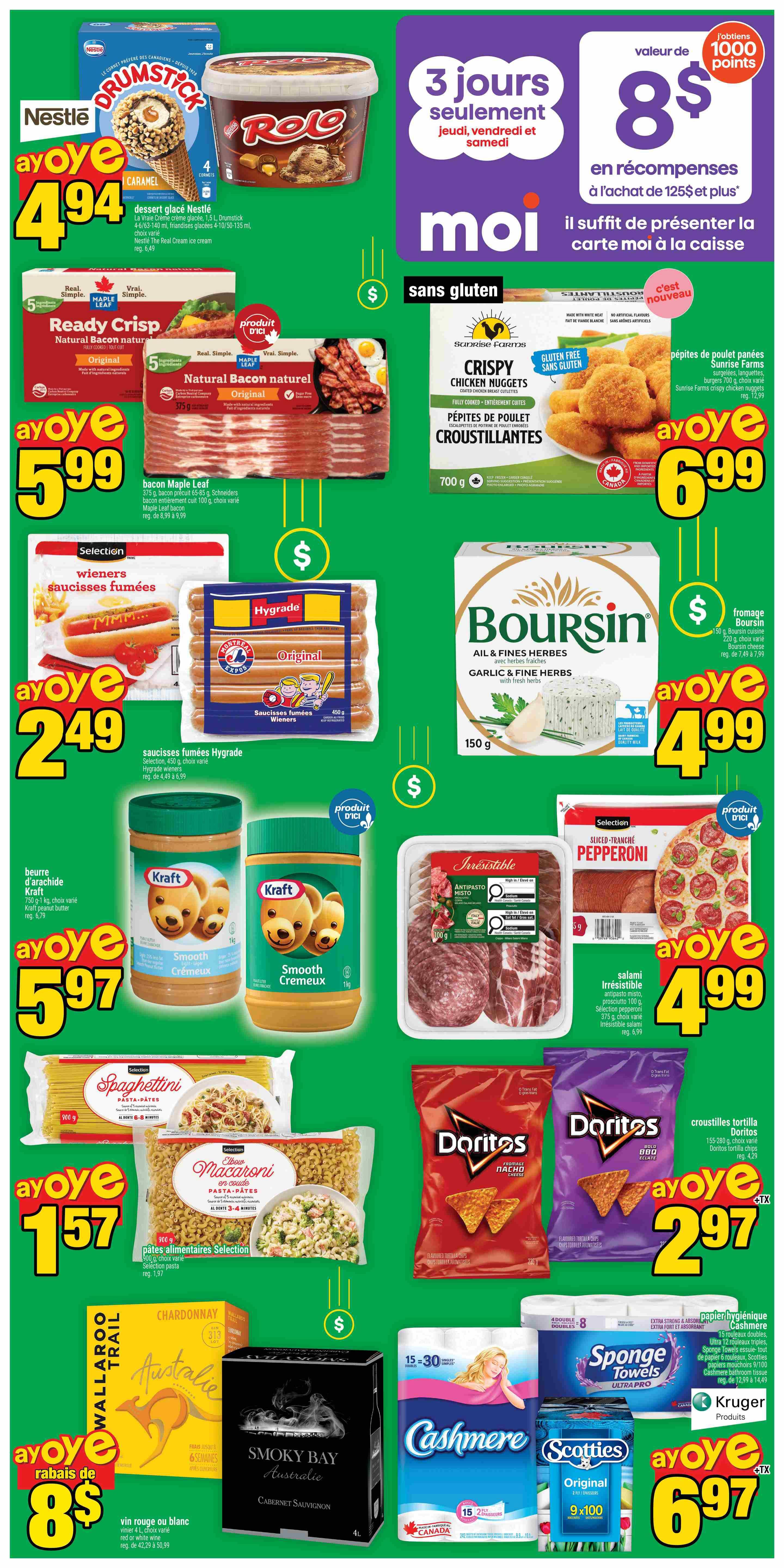 Super C weekly flyer specials page 2 features Nestlé Drumstick and Rolo ice cream cones and tubs for $4.94. Maple Leaf Natural Bacon is on sale for $5.99. Sunrise Farms Crispy Chicken Nuggets are $6.99. Hygrade Wieners are $2.49. Boursin Garlic & Fine Herbs cheese is $4.99. Kraft Smooth Peanut Butter (1kg) is $5.97. Irresistible Sliced Pepperoni is $4.99. Selection Spaghetti and Macaroni pasta are $1.57. Doritos tortilla chips are $2.97. Wallaroo Trail Chardonnay or Cabernet Sauvignon wine is on special for $8 with a discount. Cashmere 15 double or Scotties 9x100 facial tissues are $6.97.