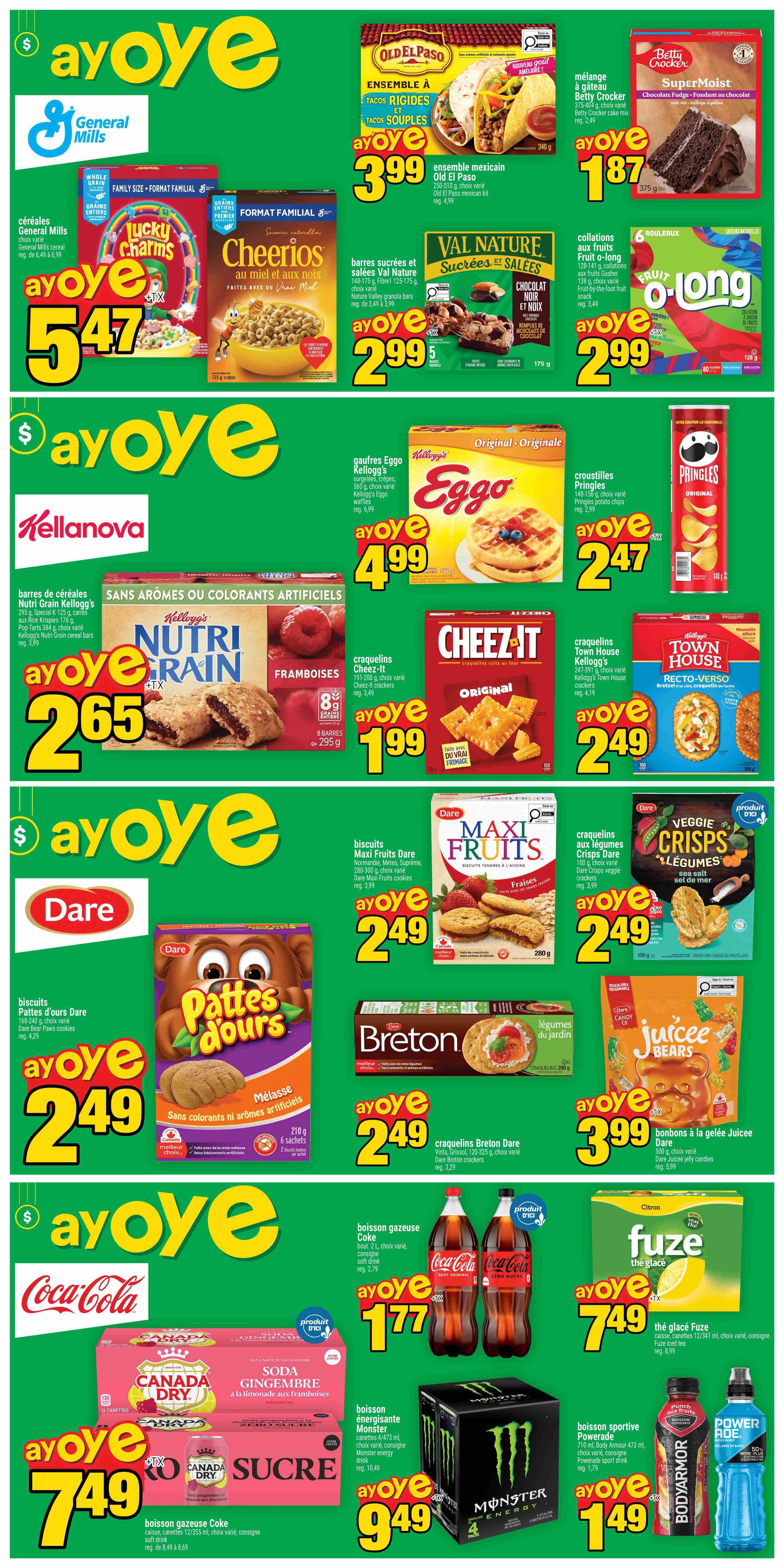 Super C weekly flyer specials page 4 features a variety of food and beverage deals. Top row includes Old El Paso Mexican Dinner Kits for $3.99, Betty Crocker SuperMoist Chocolate Fudge Cake Mix for $1.87, General Mills cereals like Lucky Charms and Cheerios for $5.47, Nature Valley granola bars for $2.99, and O-Long fruit snacks for $2.99. The second row offers Kellogg's Nutri Grain bars for $2.65, Eggo waffles for $4.99, Pringles potato chips for $2.47, and Cheez-It crackers for $1.99. The third row showcases Dare Maxi Fruits cookies for $2.49, Dare Veggie Crisps for $2.49, Dare Patte d'ours cookies for $2.49, Breton crackers for $2.49, and Juiced Bears jelly candies for $3.99. The bottom row highlights Coca-Cola soft drinks for $1.77, Canada Dry Ginger Ale soda for $7.49, Monster Energy drink for $9.49, and Powerade sports drink for $1.49.
