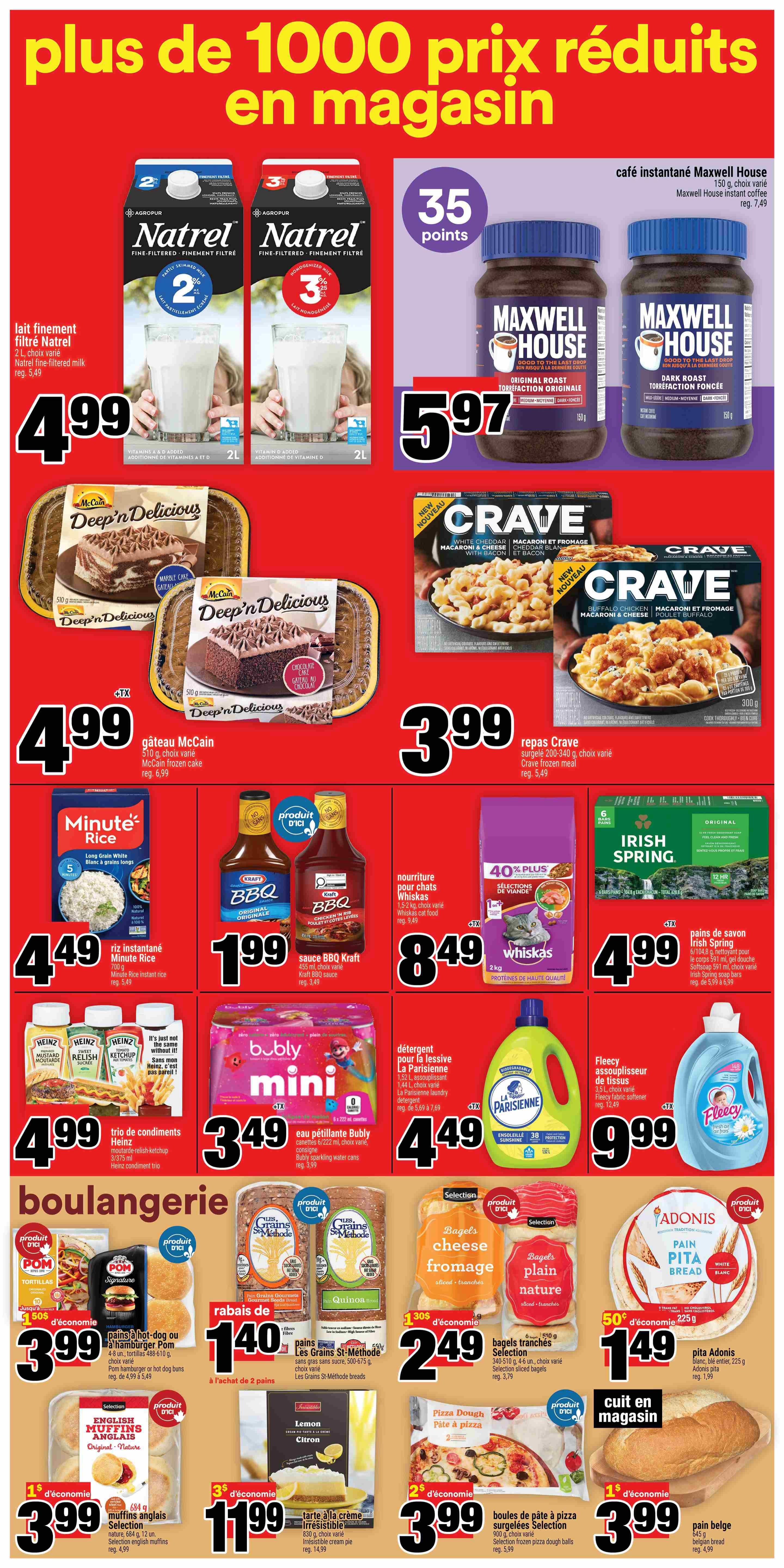 Super C weekly flyer specials page 11 features a wide variety of products. Highlighted are Natrel fine-filtered milk 2L for $4.99, Maxwell House instant coffee 150g for $5.97, and McCain Deep'n Delicious frozen cakes for $4.99. Also on sale are Crave frozen meals 200-340g for $3.99, Minute Rice 700g for $4.49, Kraft BBQ sauce 455mL for $1.99, Whiskas cat food 1.72kg for $8.49, and Irish Spring soap bars 6 pack for $4.99. Other deals include Heinz condiment trio (mustard, relish, ketchup) for $4.99, Bubly sparkling water cans 12x355mL for $3.49, and La Parisienne laundry detergent 1.44L for $4.49. Fleecy fabric softener 2L is $9.99. The bakery section offers Pom hot dog or hamburger buns for $3.99, Les Grains St-Méthode breads for $1.40 each, Selection sliced bagels for $2.49, and Adonis pita bread 225g for $1.49. Additionally, there are deals on Selection English muffins for $3.99, irresistible cream pie for $11.99, Selection frozen pizza dough balls for $3.99, and a Belgian bread for $3.99.