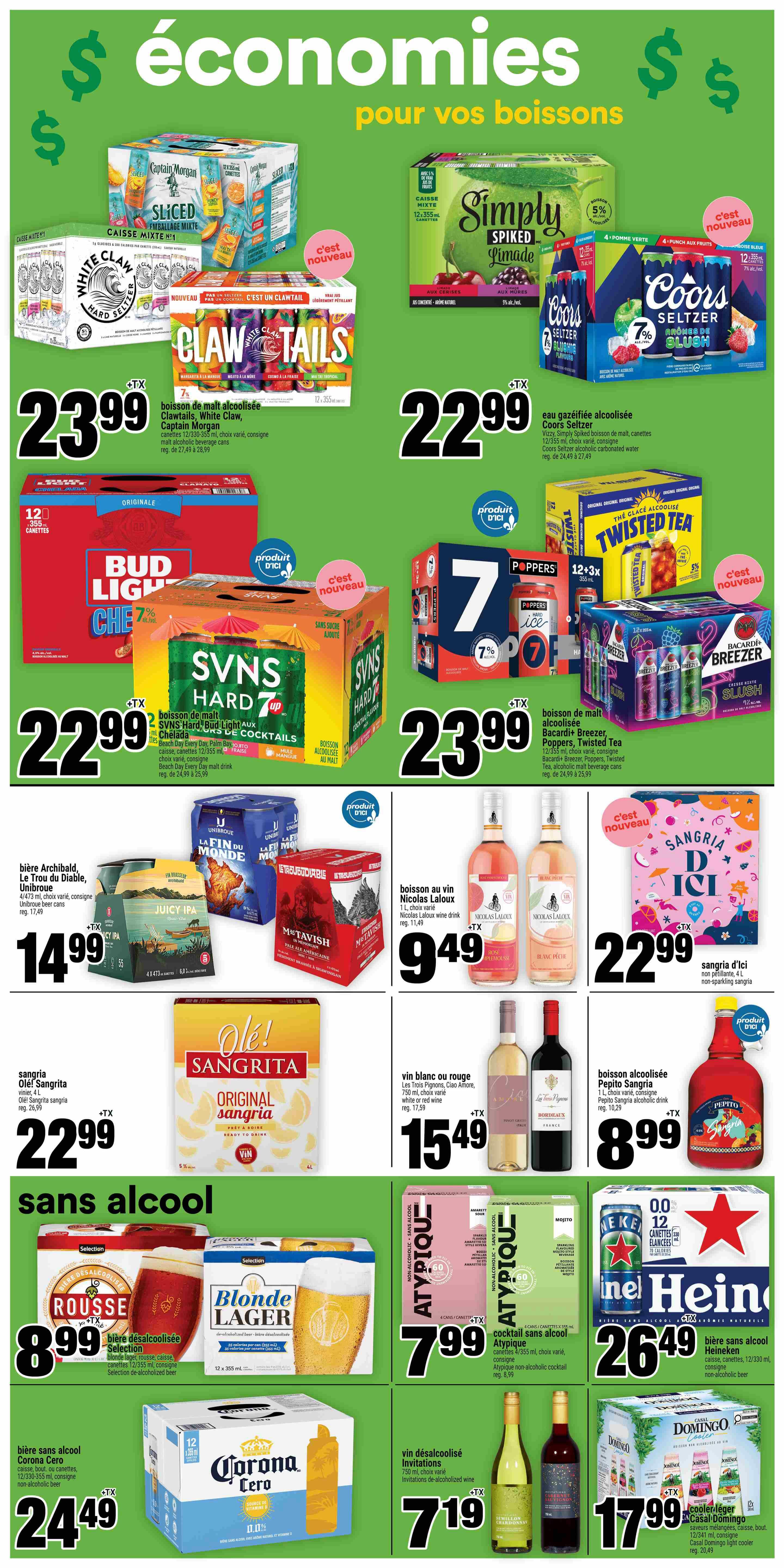 Super C weekly flyer specials page 12 features a variety of alcoholic and non-alcoholic beverages. Featured alcoholic drinks include White Claw Hard Seltzer, Captain Morgan Sliced, Claw Tails, Simply Spiked, Coors Seltzer, Bud Light Chelada, SVNS Hard Lemonade, Bacardi Breezer, Poppers, Twisted Tea, and Heineken 0.0. Prices range from $22.99 for 12x355ml cans of White Claw Hard Seltzer and Captain Morgan Sliced, to $23.99 for 12x355ml cans of Coors Seltzer and 7x355ml cans of Poppers, Bacardi Breezer, and Twisted Tea. Also available are 24x355ml cans of Bud Light Chelada and SVNS Hard Lemonade for $22.99. Wine options include Nicolas Laloux white or rosé wine for $9.49 per 1L bottle, and Les Trois Pigeons, Ciao Amore red wine for $15.49 per 750ml bottle. Olé Sangrita is available for $22.99 for 4L. Peppito Sangria is $8.99 for 1L. Non-alcoholic beverages include Selection Rousse and Blonde Lager for $8.99 per 12x355ml pack, Atypique non-alcoholic cocktails for $7.99 per 4x355ml pack, Corona Cero non-alcoholic beer for $24.49 per 12x355ml pack, Invitations de-alcoholized wine for $7.19 per 750ml bottle, and Casal Domingo light cooler for $17.99 per 12x355ml pack.