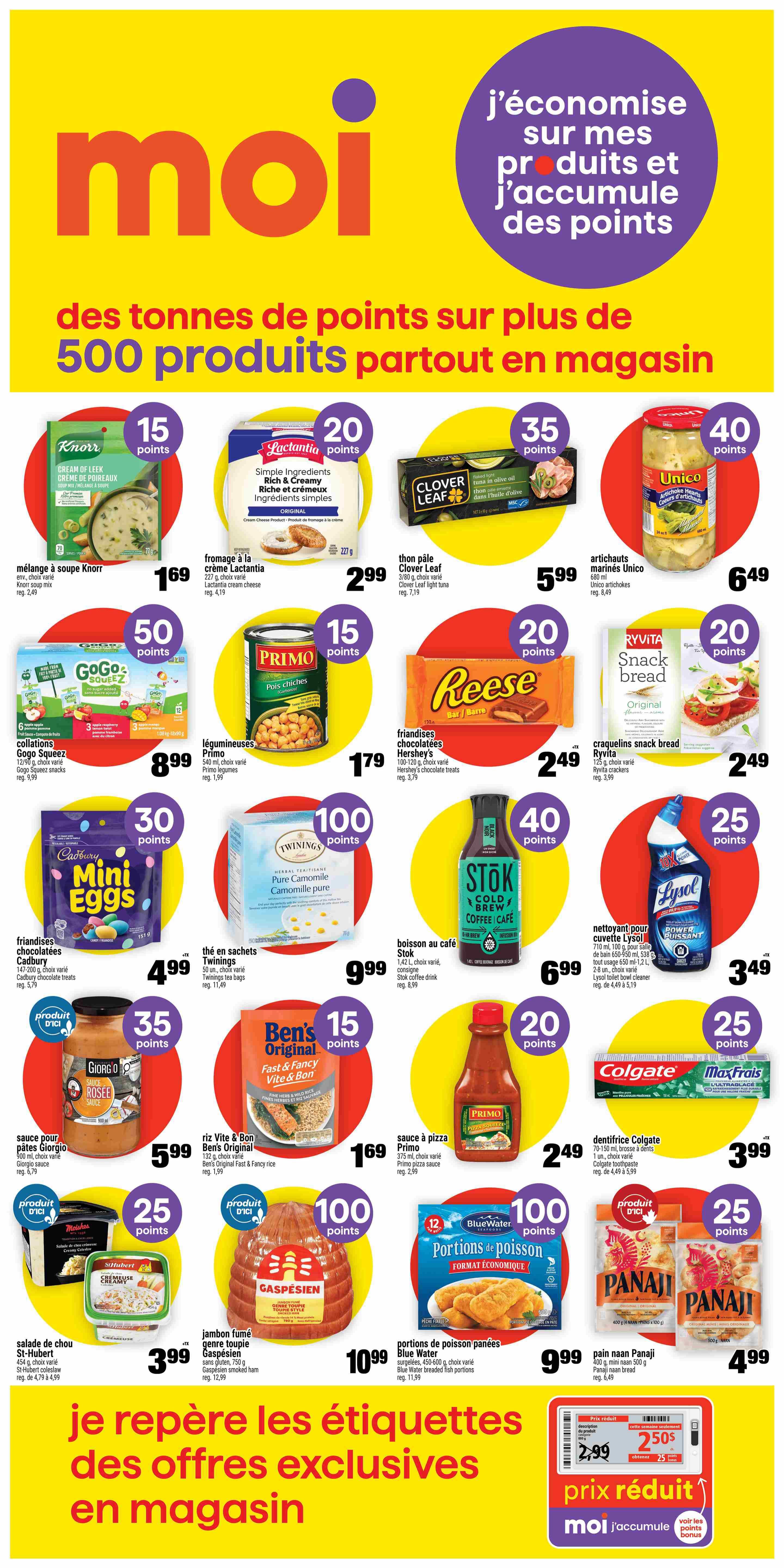 Super C weekly flyer specials page 16 features a variety of products with points offers. Highlights include Knorr Cream of Leek soup for $1.69, Lactantia Cream Cheese for $2.99, Clover Leaf Light Tuna in olive oil for $5.99, and Unico Artichoke Hearts for $6.49. Also featured are GoGo Squeez pouches for $8.99, Primo Chick Peas for $1.79, Hershey's chocolate treats for $2.49, and Ryvita Snack Bread for $2.49. Other deals include Cadbury Mini Eggs for $4.99, Twinings Pure Camomile tea for $9.99, Stök Cold Brew Coffee for $6.99, and Lysol toilet bowl cleaner for $3.49. Additionally, there's Giorgio Rosee sauce for $5.99, Ben's Original Fast & Fancy Rice for $1.69, Primo Pizza sauce for $2.49, St-Hubert Coleslaw for $3.99, Gaspésien smoked ham for $10.99, Blue Water breaded fish portions for $9.99, and Panaji Naan bread for $4.99. The bottom of the page shows a 'prix réduit' (reduced price) section with a product for $2.50, down from $2.99, with 'Moi j'accumule des points bonus' (I collect bonus points).