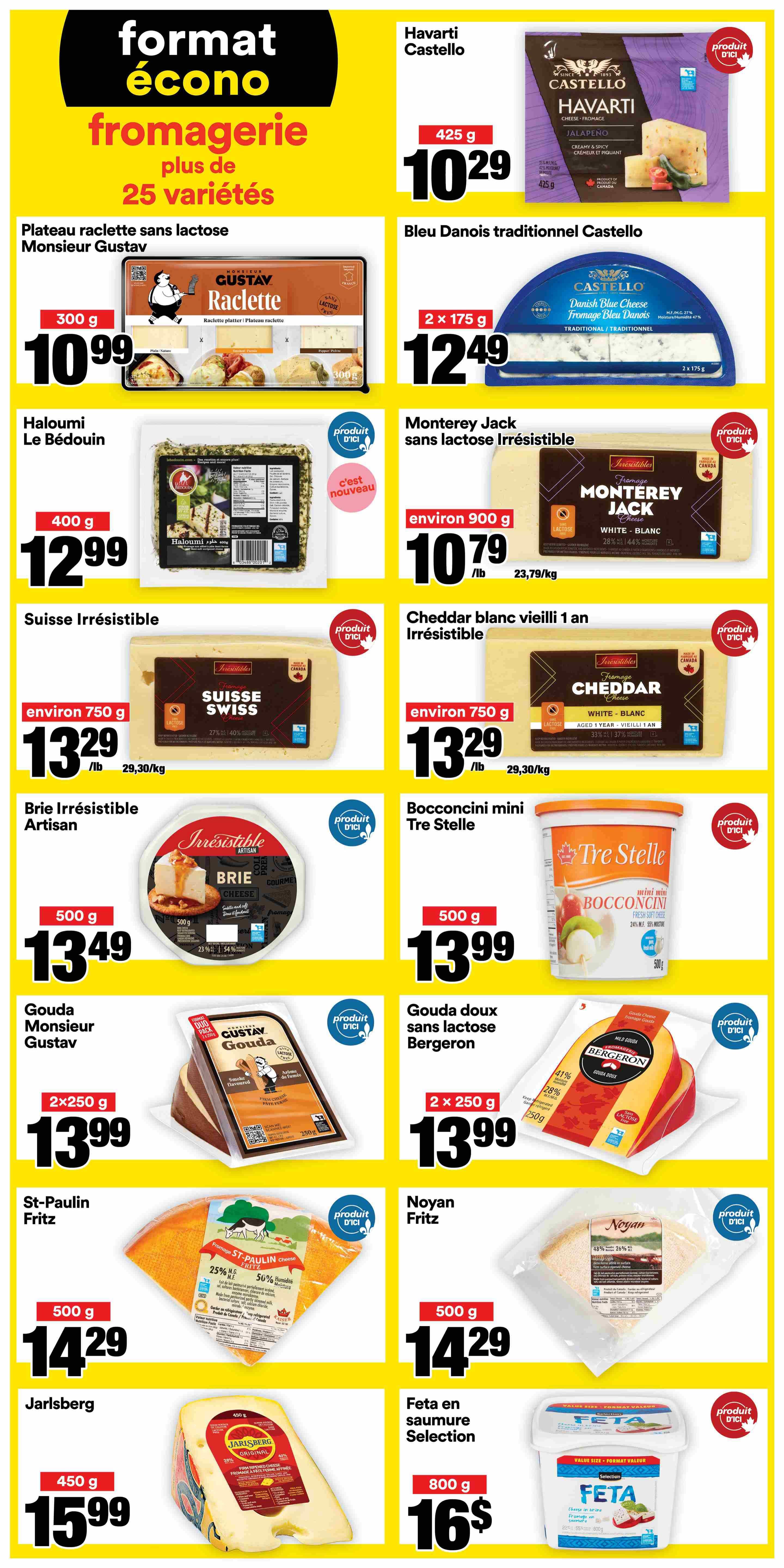 Super C weekly flyer specials page 17 features a wide selection of cheeses. Highlights include Havarti Castello 425g for $10.29, and Castello Danish Blue Cheese 2 x 175g for $12.49. Monsieur Gustav lactose-free raclette platter 300g is $10.99. Le Bédouin Haloumi cheese 400g is $12.99. Irresistible lactose-free Monterey Jack cheese, approximately 900g, is $10.79/lb. Irresistible Swiss cheese, approximately 750g, is $13.29/lb. Irresistible aged 1 year white cheddar, approximately 750g, is $13.29/lb. Artisan Brie Irresistible cheese 500g is $13.49. Tre Stelle mini bocconcini 500g is $13.99. Monsieur Gustav Gouda cheese 2 x 250g is $13.99. Bergeron lactose-free mild Gouda cheese 2 x 250g is $13.99. St-Paulin Fritz cheese 500g is $14.29. Noyan Fritz cheese 500g is $14.29. Jarlsberg cheese 450g is $15.99. Selection Feta cheese in brine 800g is $16. The page also features a 'format écono' cheese section with over 25 varieties.