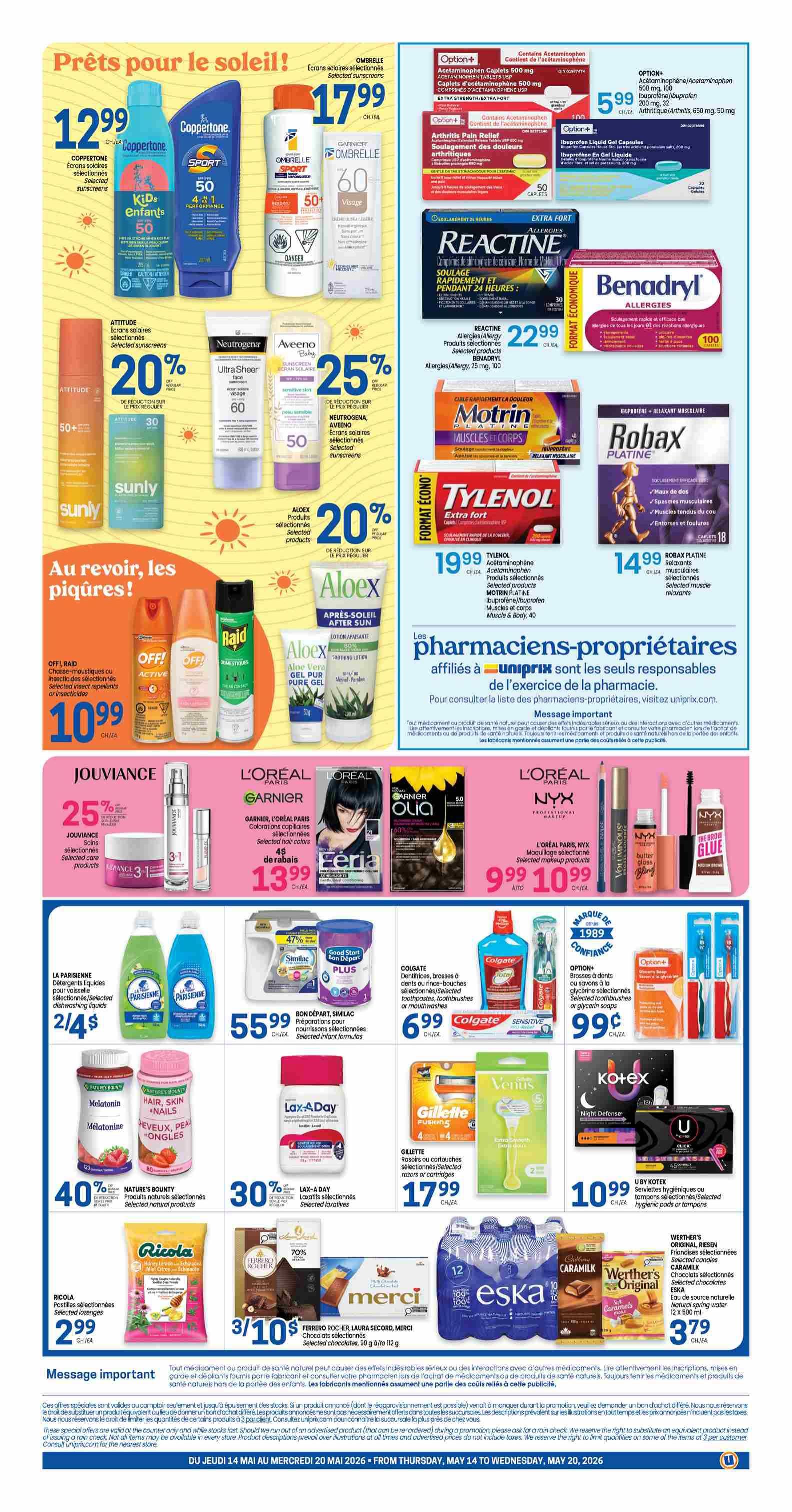 Uniprix weekly flyer specials page 2. Featuring 'Ready for the sun!' with Coppertone Kids SPF 50 sunscreen for $12.99, Coppertone Sport SPF 50 for $17.99, and Ombrelle Sport SPF 60 face sunscreen for $17.99. Also includes Attitude, Neutrogena Ultra Sheer SPF 60, and Aveeno Baby SPF 50 sunscreens with 20% and 25% discounts respectively. 'Goodbye, bites!' section offers Raid insect repellents and insecticides for $10.99, and AloeX After Sun lotion. Health and wellness products include Option+ Acetaminophen/Aspirin/Ibuprofen caplets starting at $5.99, Reactine Allergy medication for $22.99, Benadryl Allergy for $22.99, Motrin Muscle & Body for $19.99, and Robax Platinum for $14.99. Jouvance selected care products are 25% off. L'Oréal Paris hair colour products are $13.99. L'Oréal Paris makeup is $9.99. Parisienne dish liquid is 2 for $4. Similac Pro-Sensitive or Pro-Advance infant formula is $55.99. Colgate toothbrushes and toothpaste are $6.99. Colgate 360 Sensitive toothbrushes are 99 cents. Nature's Bounty Melatonin and Hair, Skin, Nails supplements are 40% off. Lax-A-Day laxatives are 30% off. Gillette razors and cartridges are $17.99. Venus razors are $17.99. Kotex U by Kotex tampons and pads are $10.99. Ricola selected lozenges are $2.99. Ferrero Rocher chocolates are 3 for $10. Merci, Eska, and Werther's Original caramels are also featured. The flyer is valid from Thursday, May 14 to Wednesday, May 20, 2026.