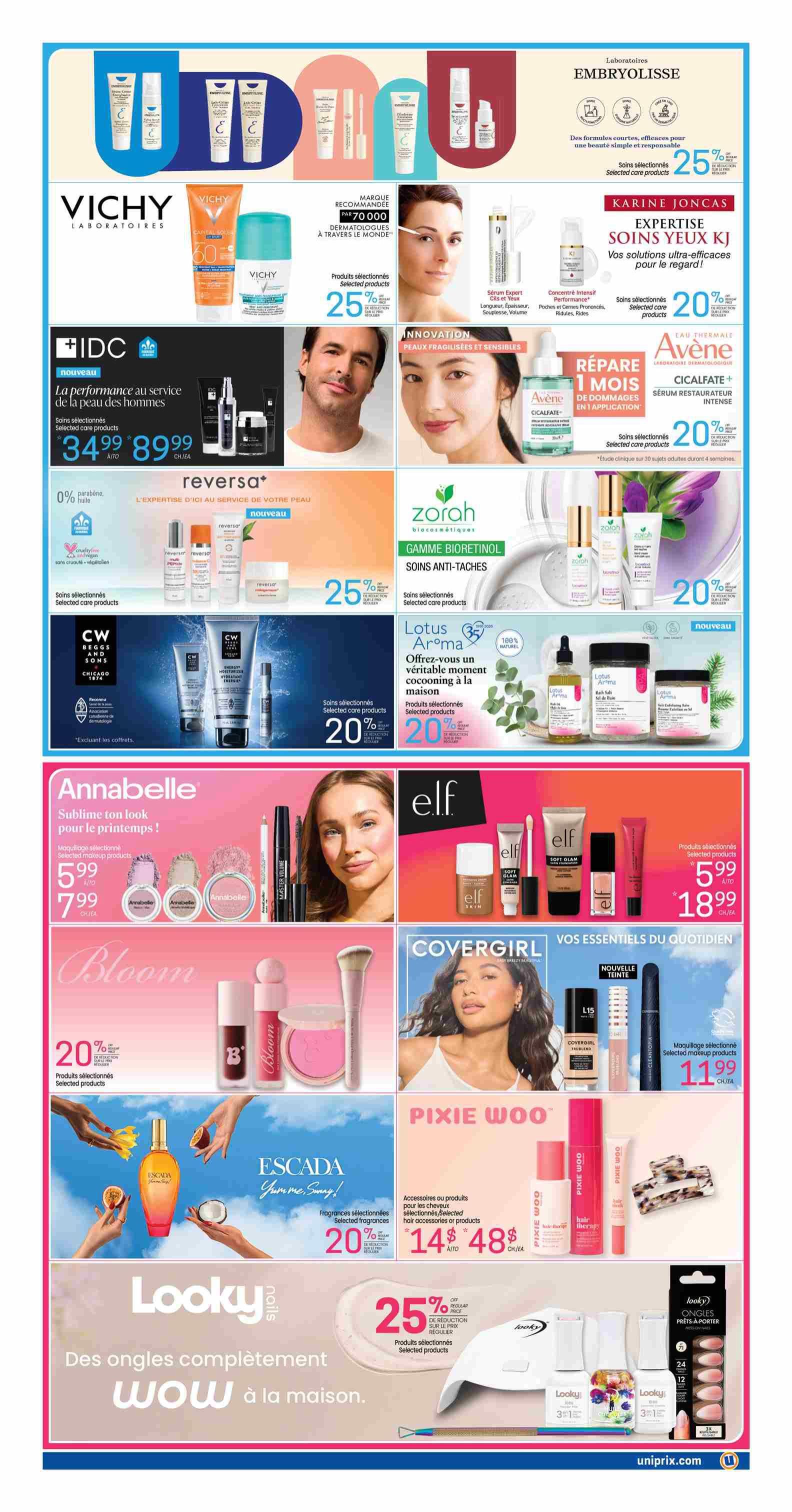 Uniprix weekly flyer specials, page 3. Featuring Vichy Laboratoires skincare with 25% off selected products, including Vichy Capital Soleil SPF 60. IDC Dermo, a new line for men's skin, is on sale for $34.99 to $89.99. Reversa anti-aging skincare is 25% off selected products. Zorah Biocosmétiques offers a Bioretinol line with 20% off selected products. CW Beggs and Sons Chicago 1876 skincare is 20% off selected products. Lotus Aroma offers cocooning products with 20% off selected items. Embryolisse skincare is 25% off selected products. Karine Joncas offers eye care solutions with 20% off selected products. Avène Thermal Water products, including Cicalfate+ Serum, are 20% off selected items. Annabelle makeup is $5.99 to $7.99. Elf cosmetics are 20% off selected makeup products. Bloom makeup products are 20% off selected items. Covergirl makeup is $11.99 for selected makeup products. Escada 'Yum me, Sway!' fragrances are 20% off selected fragrances. Pixie Woo hair accessories or products are $14.48 for selected items. Looky Nails offers 25% off selected nail products, including press-on nails.