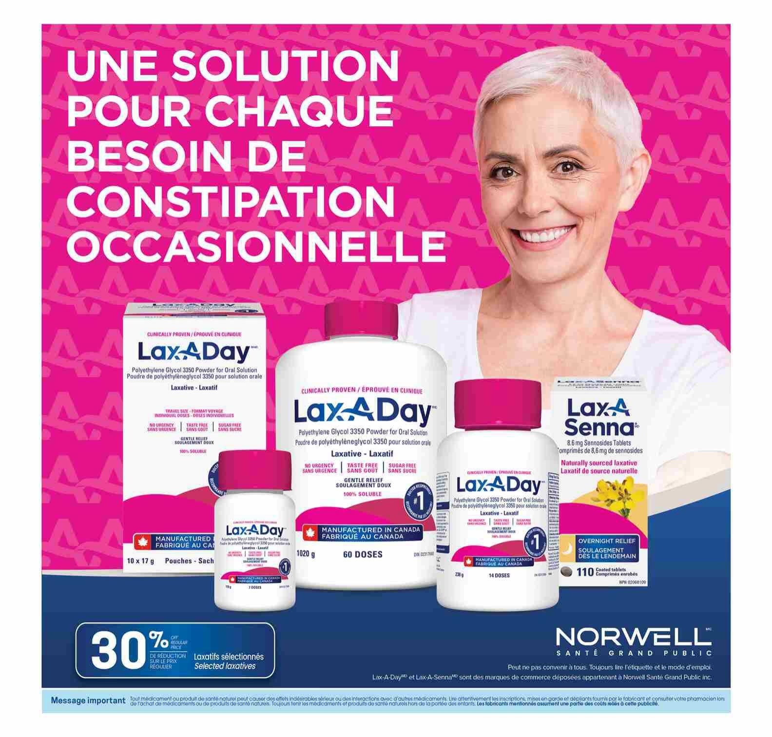 Uniprix weekly flyer specials page 7 features a woman smiling and promoting Lax-A-Day and Lax-A-Senna products for occasional constipation. The page highlights Lax-A-Day Polyethylene Glycol 3350 Powder for Oral Solution in 10 x 17 g pouches (7 doses), 1020 g (60 doses), and 238 g (14 doses). It also features Lax-A-Senna 8.6 mg Sennosides Tablets (110 coated tablets) for overnight relief. A prominent '30% off selected laxatives' offer is displayed. The page includes a 'Important message' regarding medication use and Norwell Santé Grand Public branding.