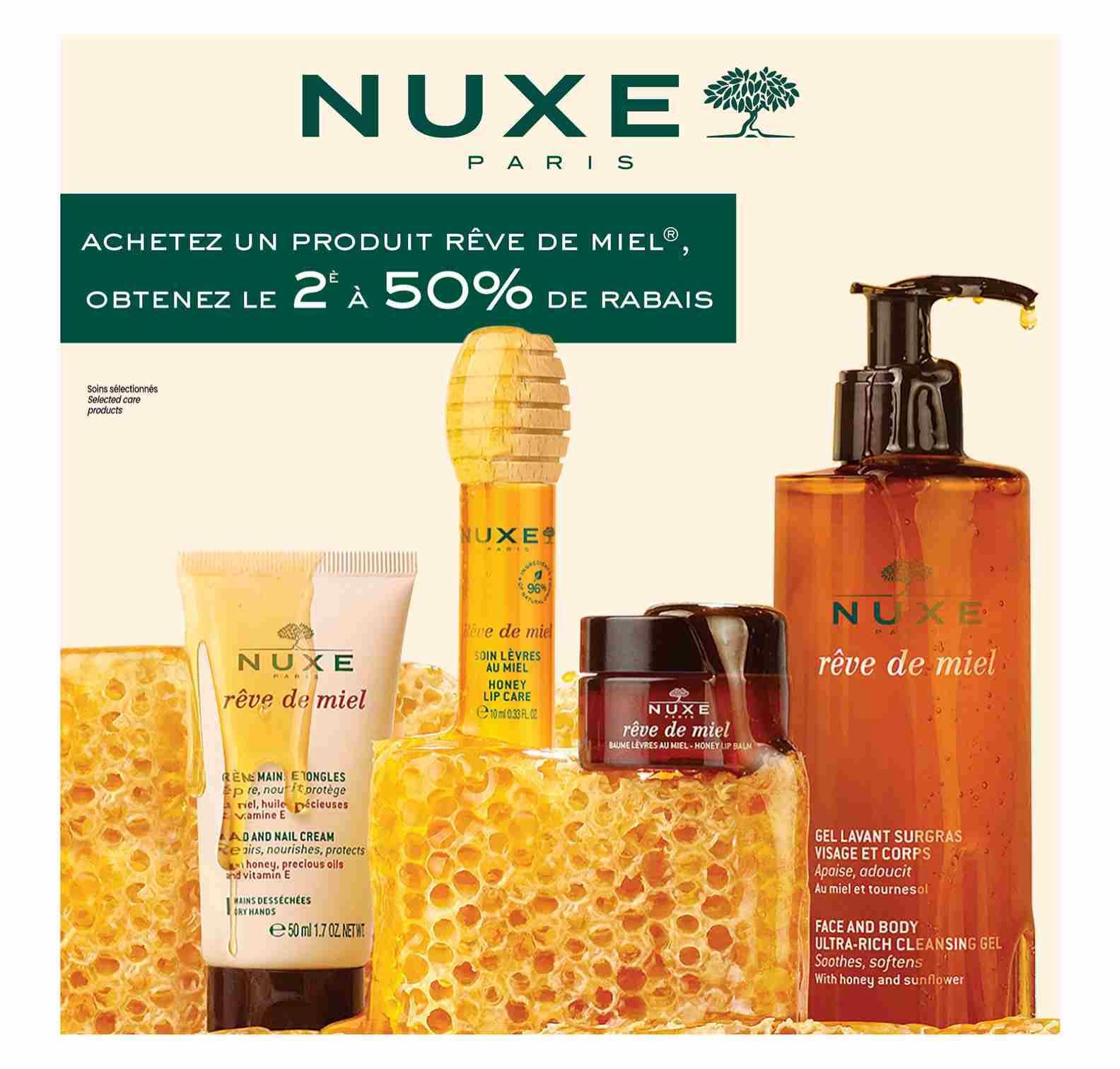 Uniprix flyer page 8 features NUXE Paris Rêve de Miel products with a special offer: buy one product and get the second at 50% off on selected care products. Featured items include NUXE Rêve de Miel Hand and Nail Cream, which nourishes, protects, and contains honey, precious oils, and vitamin E, available in a 50ml/1.7 oz size. Also showcased are NUXE Rêve de Miel Honey Lip Care (10ml/0.33 fl. oz.) and NUXE Rêve de Miel Honey Lip Balm. A large bottle of NUXE Rêve de Miel Face and Body Ultra-Rich Cleansing Gel, which soothes and softens with honey and sunflower, is also displayed. The page is visually enhanced with honeycomb imagery.