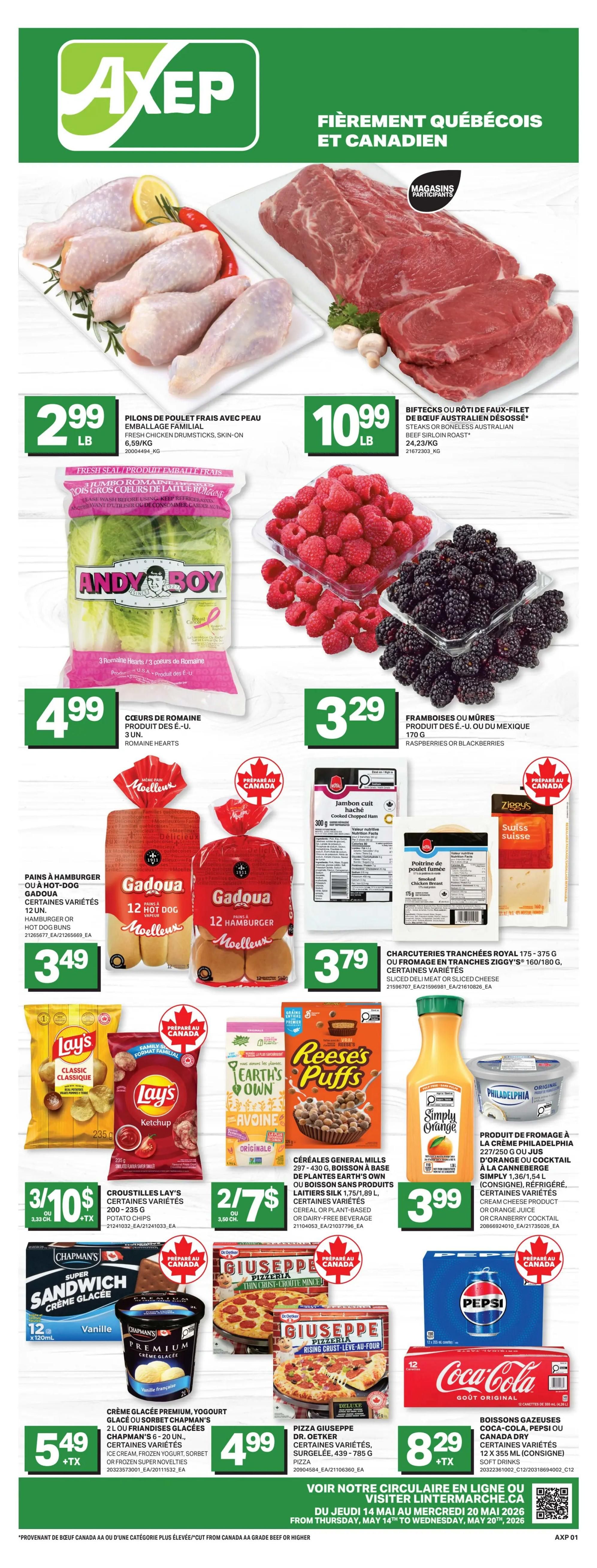 Axep flyer featuring weekly specials. The flyer highlights PC Jerk Chicken Burgers for $12, and PC The Decadent Chocolate Chip or Double Chocolate Muffins for $6 + tax. Also featured is a 12-pack of PC Blue Menu Passionfruit Guava Flavoured Sparkling Water for $5.75 + tax. New items include PC Orange Chicken, Palak Paneer Entrée, or Caribbean Chicken for $4.