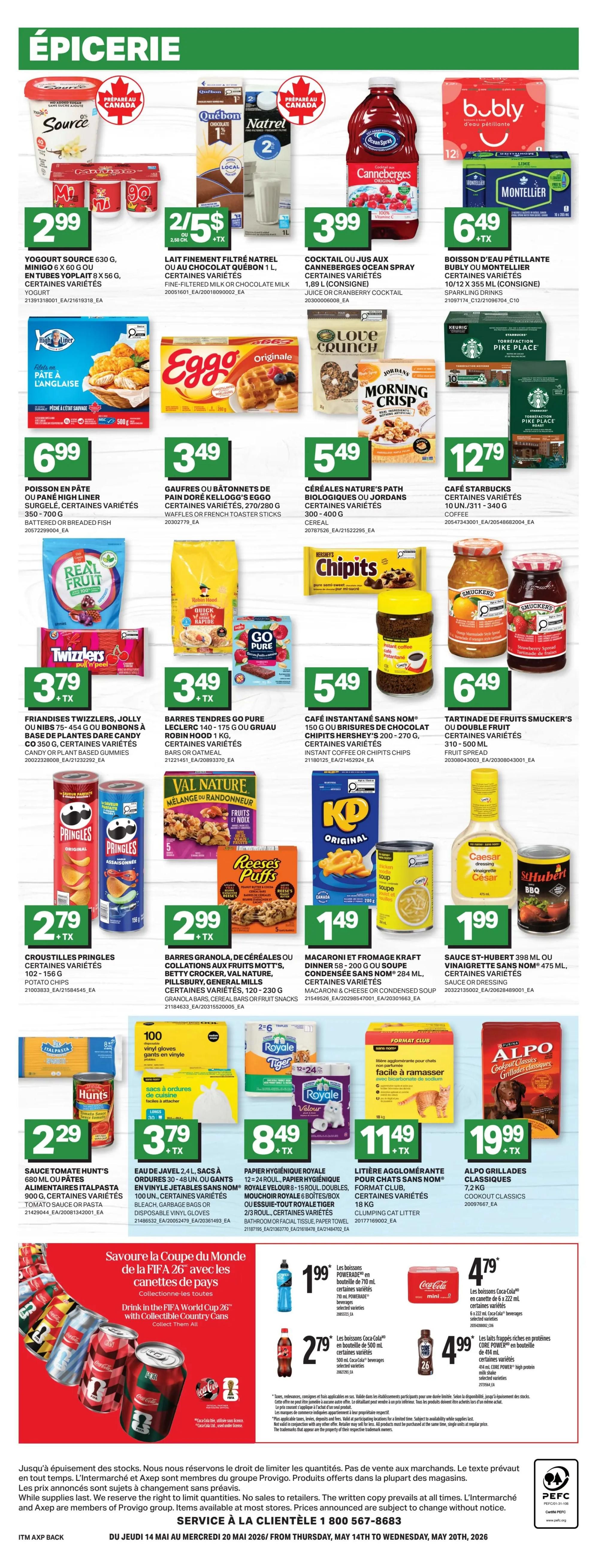 Axep weekly flyer specials page 4 features a variety of grocery items. Top row includes Source yogurt at $2.99, Natrel 1L milk or chocolate milk for 2/$5, Canneberges Ocean Spray juice or cocktail for $3.99, and Bubly or Montellier sparkling drinks for $6.49. Middle row showcases Pâté à la langlaise for $6.99, Eggo waffles or toaster sticks for $3.49, Nature's Path or Jordan's organic cereal for $5.49, and Starbucks coffee for $12.79. The next row features Twizzlers, Jolly Rancher, or other candy for $3.79, Go Pure or Gruau Robin Hood bars for $3.49, Chipits instant coffee or chocolate chips for $5.49, and Smucker's fruit spread for $6.49. Bottom section includes Pringles potato chips for $2.79, Mott's, Betty Crocker, or other snack bars for $2.99, Kraft Dinner macaroni and cheese or soup for $1.49, and St-Hubert BBQ sauce or St-Hubert vinaigrette for $1.99. Further down are Hunt's tomato sauce for $2.29, vinyl gloves and garbage bags for $3.79, Royale toilet paper for $8.49, and clumping cat litter for $11.49. The bottom right features Alpo dog food for $19.99. A special promotion highlights FIFA World Cup 26 cans with Powerade drinks for $1.99 and Coca-Cola beverages for $2.79 and $4.99. The flyer is valid from May 14th to May 20th, 2026.