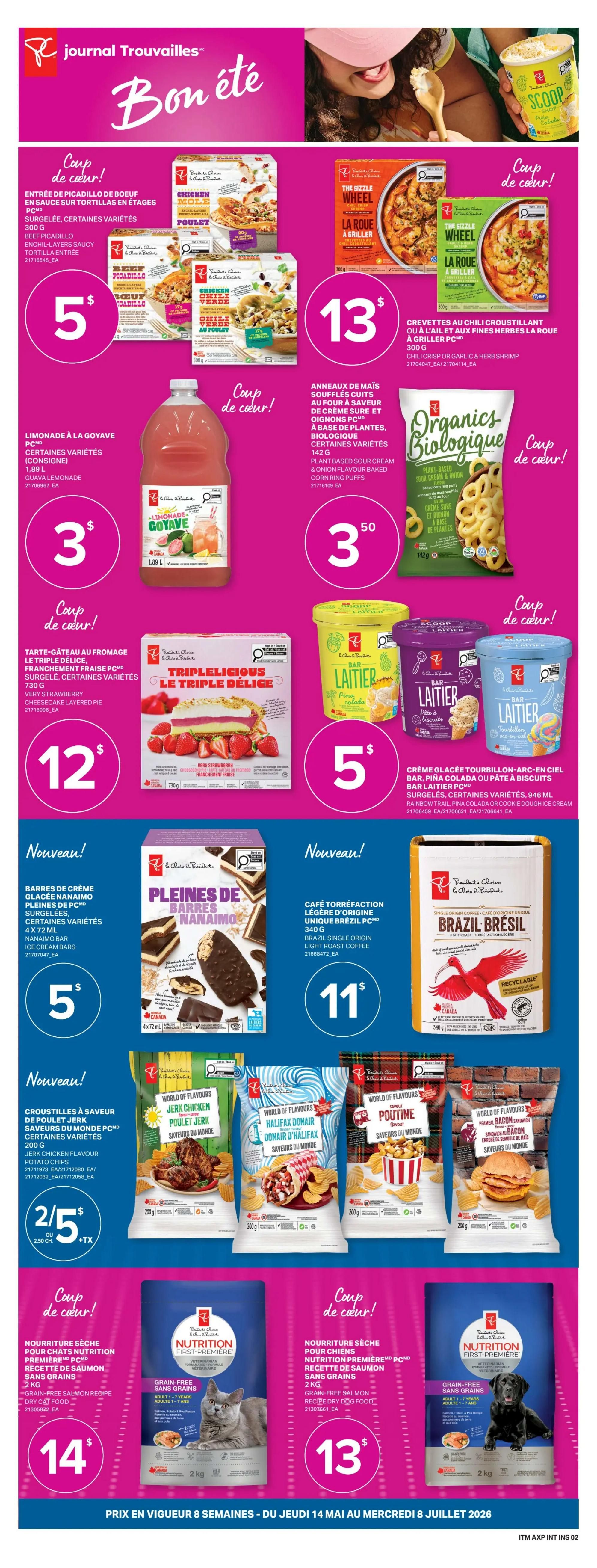 Axep Weekly Flyer Specials, Page 6. Featured items include Beef Picadillo in sauce on tortillas for $5, and shrimp with crispy chili or garlic and herb flavour for $13. Also on sale is Guava Lemonade for $3, and Plant-Based Sour Cream & Onion flavour baked corn ring puffs for $3.50. A Tripledelicious Strawberry Cheesecake Layered Pie is available for $12. Ice cream tubs in various flavours like Piña Colada and Rainbow Swirl are $5. New items include Nanaimo Bar Ice Cream Bars for $5 and Unique Brazil Single Origin Light Roast Coffee for $11. Potato chips in Jerk Chicken, Halifax Donair, and Poutine flavours are 2 for $5. Finally, Nutrition First Grain-Free Salmon Recipe dry cat food (2 kg) is $14, and the same for dry dog food (2 kg) is $13. Prices valid from Thursday, May 14 to Wednesday, July 8, 2026.