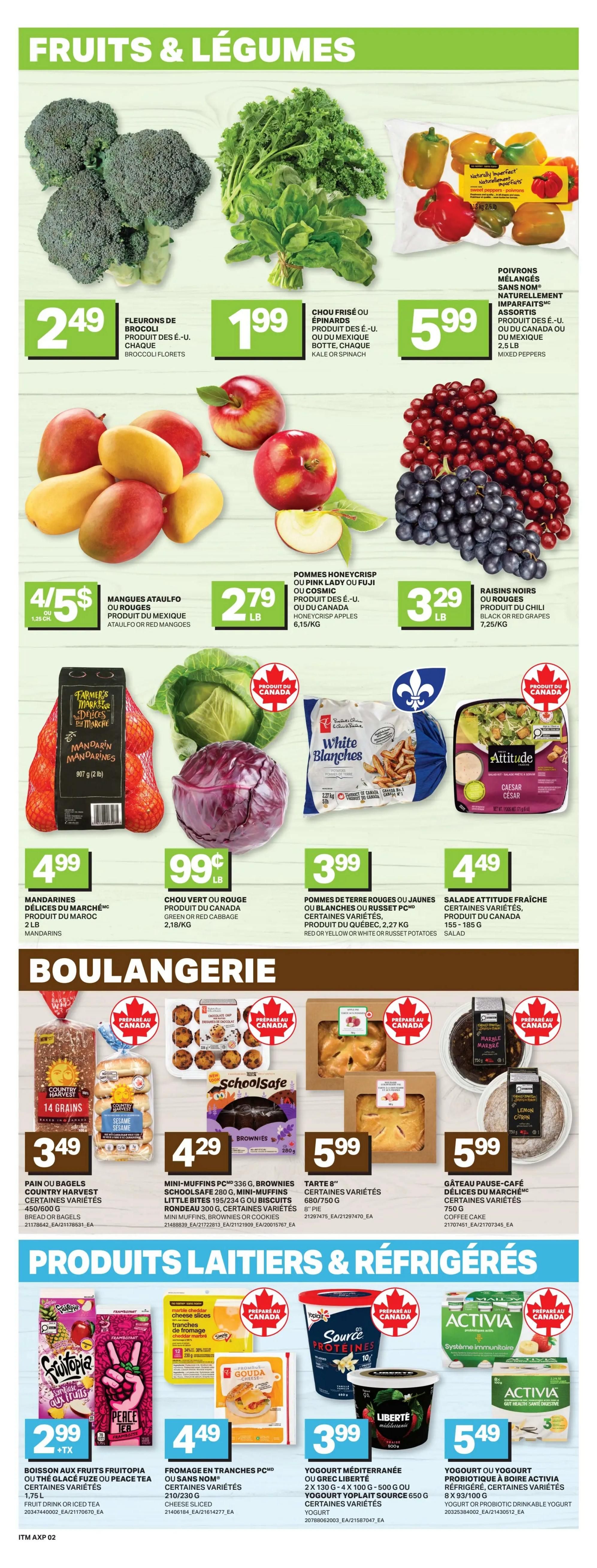 Axep Weekly Flyer Specials, Page 7. This page features Fruits & Vegetables, Bakery, and Dairy & Refrigerated products. In the Fruits & Vegetables section, find Broccoli Florets for $2.49 each, Kale or Spinach for $1.99 each, Mixed Imperfect Peppers for $5.99 per 2.5 lb bag, Ataulfo or Red Mangoes for 4 for $5, Honeycrisp Apples for $2.79/lb, and Black or Red Grapes for $3.29/lb. Also available are Marroc Mandarins for $4.99/2 lb bag, Green or Red Cabbage for $0.99/lb, and Red or Yellow or White or Russet Potatoes for $3.99/2.27 kg. In the Bakery section, Country Harvest 14 Grains Bread or Bagels are $3.49, Schoolsafe Mini Muffins or Brownies are $4.29, and an 8' Pie or Coffee Cake is $5.99. The Dairy & Refrigerated section includes Fructopia Fruit Drink or Iced Tea for $2.99 + tax, Schneiders Sliced Cheese for $4.49, Liberté Greek Yogurt for $3.99, and Activia Probiotic Drinkable Yogurt for $5.49.