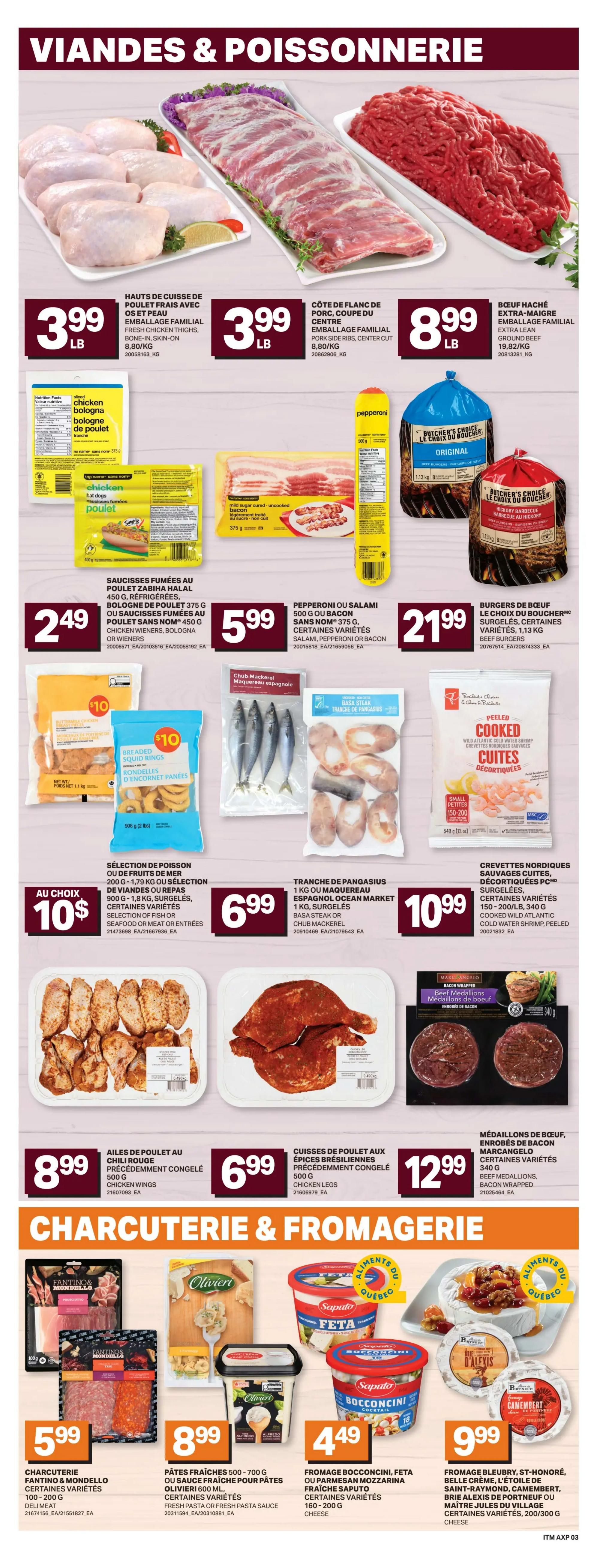 Axep Weekly Flyer Specials Page 8: Features a variety of meats and seafood. Top row includes fresh chicken thighs for $3.99/lb, centre cut pork side ribs for $3.99/lb, and extra lean ground beef for $8.99/lb. Also shown are 450g packages of chicken bologna or smoked chicken sausages for $2.49, 375g packages of pepperoni or bacon for $5.99, and 1.13kg packages of beef burgers for $21.99. Middle row offers a selection of fish or seafood, or meat or entrees for $10, including breaded squid rings. Pangasius fillets (Basa steak or Chub mackerel) are $6.99/kg, and 150-200g/340g packages of peeled cooked wild Atlantic cold water shrimp are $10.99. Bottom row features 500g chicken wings for $8.99 and 500g Brazilian chicken legs for $6.99. The Charcuterie & Fromagerie section includes Fantino & Mondello deli meats for $5.99, Olivieri fresh pasta or fresh pasta sauce (500-700g) for $8.99, Saputo Bocconcini, Feta or Parmesan Mozzarella cheese (160-200g) for $4.49, and a selection of cheeses including Bleu d'Auvergne, St-Honoré, Belle Crème, L'Étoile de Saint-Raymond, Camembert, Brie Alexis du Portneuf, or Maître Jules (200-300g) for $9.99. Beef medallions wrapped in bacon are $12.99.