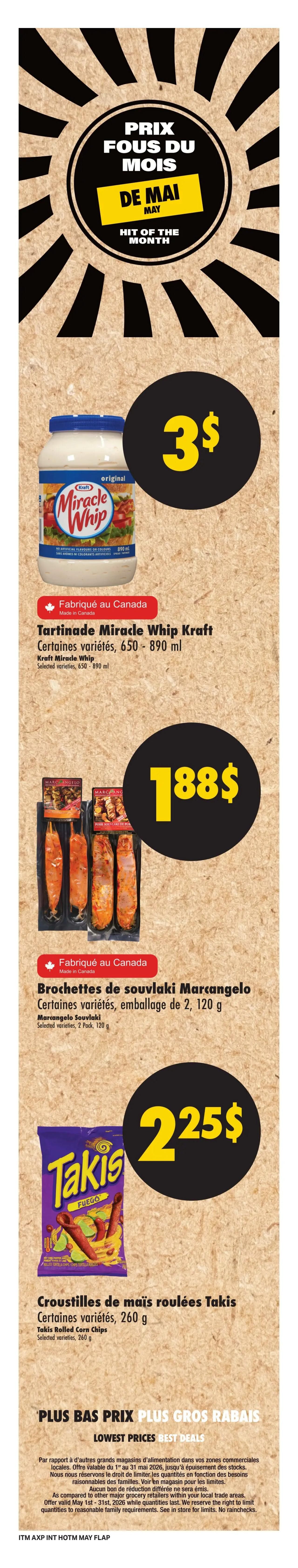 Axep weekly flyer specials, page 11. Featured items include Kraft Miracle Whip dressing, selected varieties, 650-890 ml, for $3. Marcangelo Souvlaki skewers, selected varieties, 2 pack, 120 g, for $1.88. Takis rolled corn chips, selected varieties, 260 g, for $2.25. The flyer highlights 'Hit of the Month' specials for May, with 'Lowest Prices, Best Deals' text. Includes a disclaimer about offer validity from May 1st to May 31st, 2026, while quantities last, and the right to limit quantities.