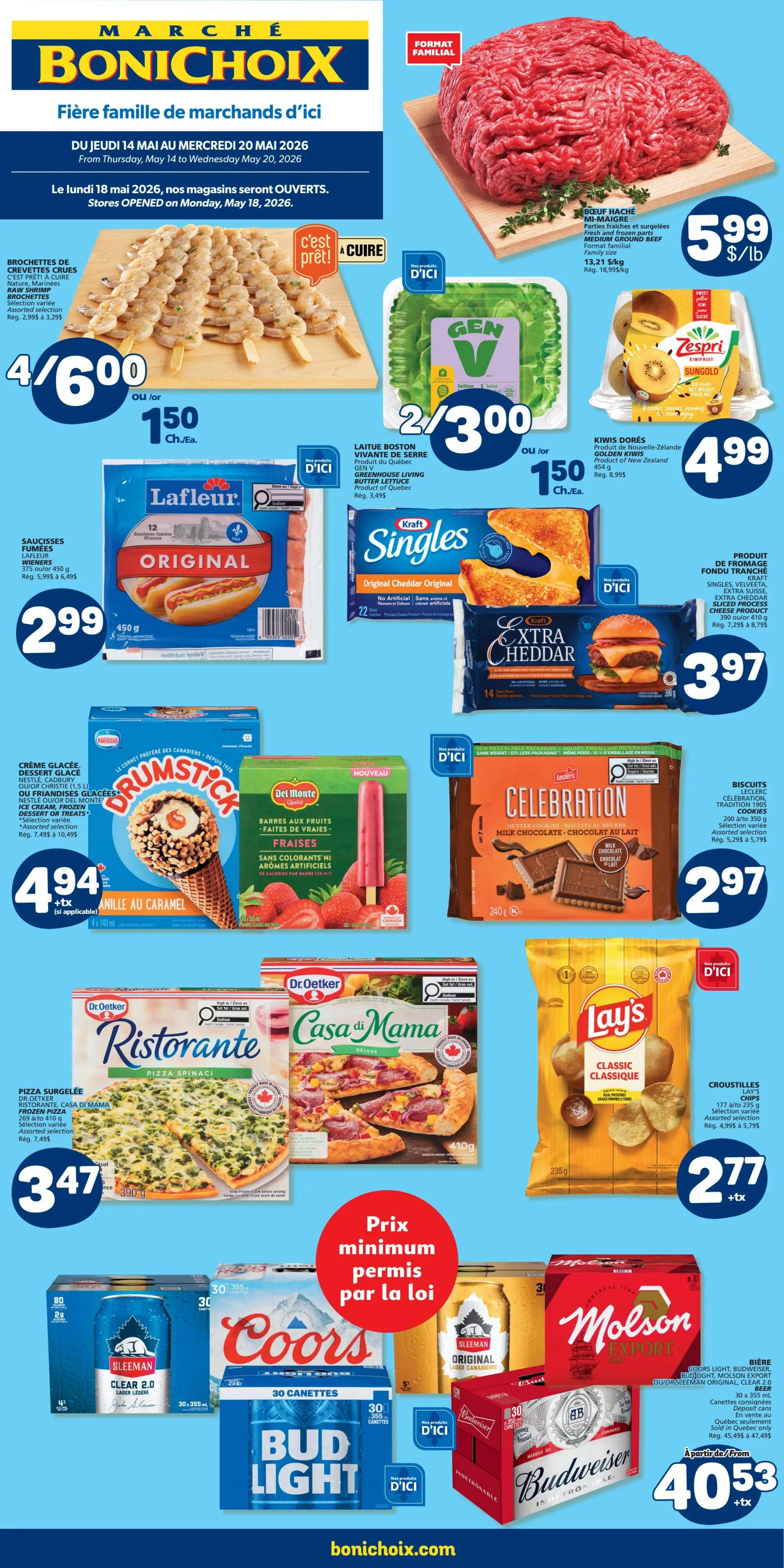 Marché Bonichoix flyer for May 14 to May 20, 2026. Featured items include raw shrimp skewers for 4/$6.00 or $1.50 each, ground beef for $5.99/lb, Boston lettuce for 2/$3.00 or $1.50 each, and Zespri Sungold kiwis for $4.99. Also on sale are Lafleur Original smokies for $2.99, Kraft Singles Original Cheddar for $3.97, and Nestlé Drumstick ice cream cones for $4.94. Del Monte fruit bars are $2.97. Frozen pizzas, including Dr. Oetker Ristorante Spinaci and Casa di Mama, are $3.47. Leclerc Celebration cookies are $2.97, and Lay's Classic chips are $2.77. Beer specials include Sleeman Clear 2.0, Coors Light, Bud Light, Molson Export, and Budweiser 24-packs for $40.53.