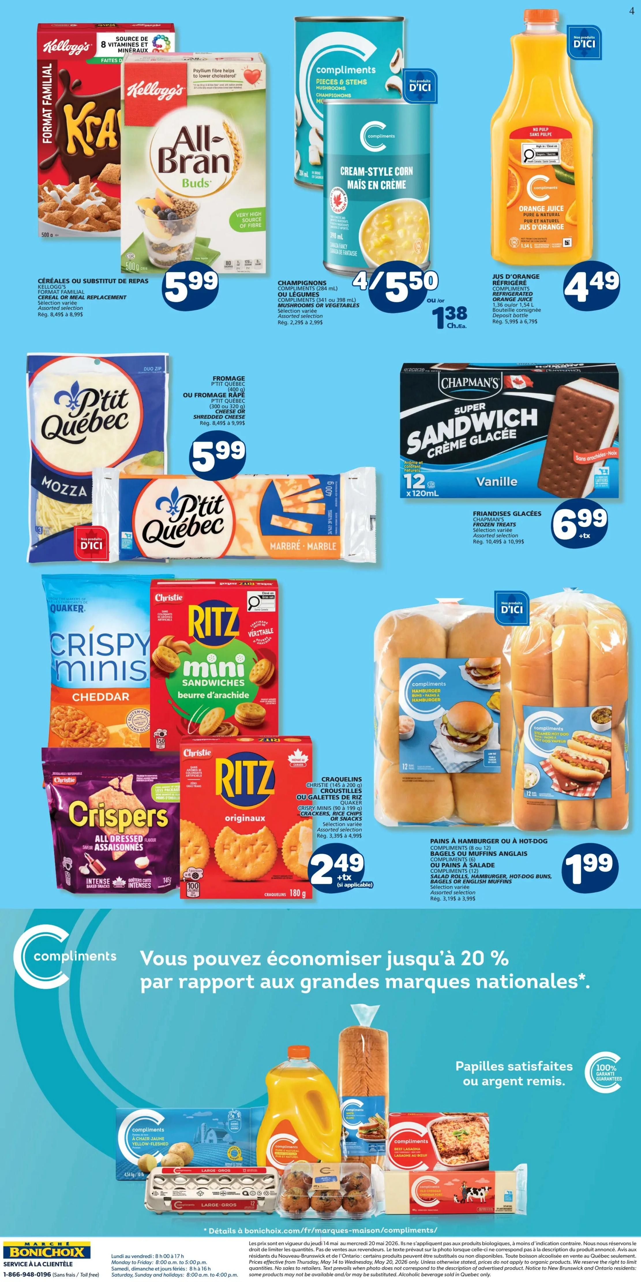 Marché Bonichoix weekly flyer specials, page 2. Featuring Kellogg's All-Bran Buds cereal for $5.99. Compliments Cream-Style Corn for 4 for $5.50, or $1.38 each. Compliments Pure & Natural Orange Juice, 1.36 L, for $4.49. P'tit Québec Mozzarella and Shredded Cheese for $5.99. Chapman's Super Sandwich Ice Cream Treats, 12 x 120 mL, for $6.99. Christie Ritz Mini Sandwiches and Crispy Minis Cheddar crackers for $2.49. Compliments Hamburger or Hot Dog Buns, 12 count, for $1.99. Also featuring Compliments Potatoes, Compliments Meatballs, and Compliments Lasagna. A banner states: 'Compliments - You can save up to 20% compared to national brands'.
