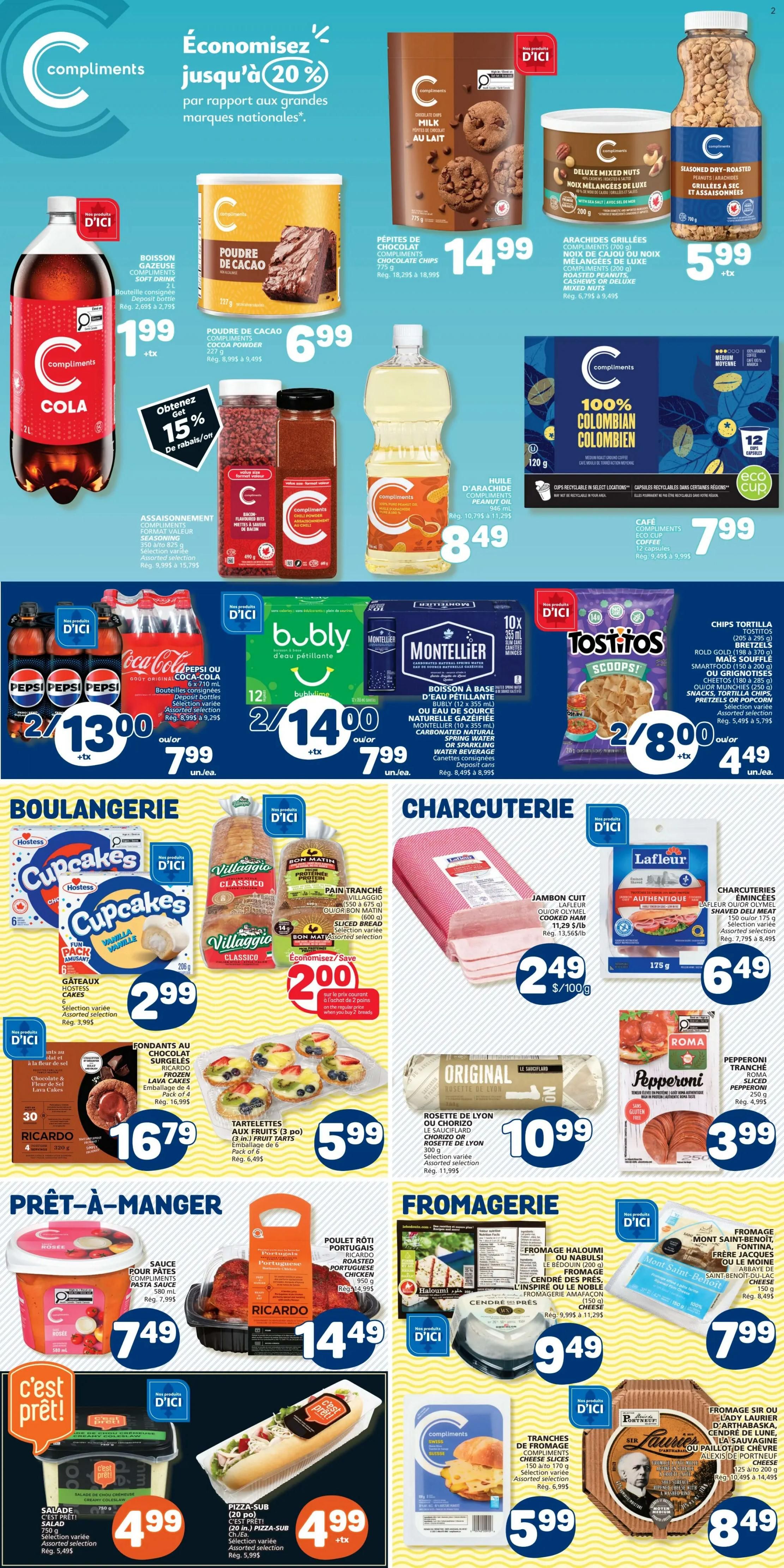 Marché Bonichoix weekly flyer specials page 3 features a variety of food items. Top section includes Compliments Cola 2L for $1.99, Compliments Cocoa Powder 227g for $6.99, and a 15% discount on Compliments Seasoning. Also featured are Compliments Chocolate Chips for $14.99, Compliments Deluxe Mixed Nuts for $14.99, and Compliments Seasoned Dry-Roasted Peanuts for $5.99. Beverages on sale include Pepsi or Coca-Cola 6x710mL bottles for 2 for $13.00, and Bubly Sparkling Water 10x355mL for 2 for $14.00. Montellier Flavoured or Sparkling Water 1L is also available for $7.99. Tostitos Scoops! Tortilla Chips 295g are on sale for 2 for $8.00. The bakery section offers Hostess Cupcakes for $2.99, Villaggio Classico or Bon Matin Sliced Bread for $2.00, and Ricardo Lava Cakes for $16.79. Tartalettes aux fruits (3 pack) are $5.99. The charcuterie section highlights Lafleur Cooked Ham for $2.49/100g and Lafleur Shaved Deli Meat for $6.49. Original Sliced Sausage (Rosette de Lyon or Chorizo) is $10.99. Pepperoni Sliced Pizza Topping is $3.99. The ready-to-eat section includes Compliments Pasta Sauce for $7.49, Ricardo Portuguese Chicken for $14.49, C'est Prêt! Salad for $4.99, and C'est Prêt! Pizza Sub for $4.99. The cheese section offers Haloumi or Naboulsi cheese for $9.49, Mont Saint-Benoît Cheese for $7.99, Compliments Sliced Cheese for $5.99, and Fromage Sir ou Laitier Laurier cheese for $8.49.