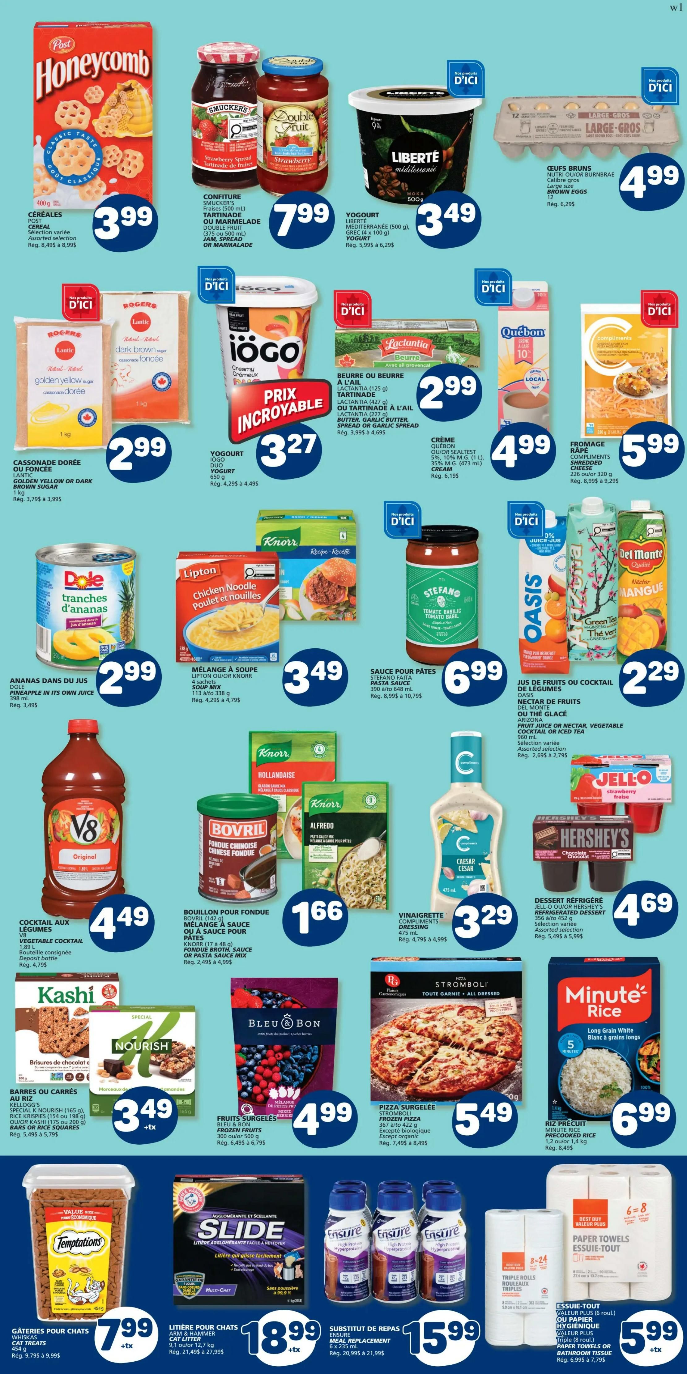 Marché Bonichoix weekly flyer specials, page 5. Featured items include Post Honeycomb cereal for $3.99, Smucker's Strawberry jam and Double Fruit spread for $7.99, Liberté Mediterranean yogurt for $3.49, and large brown eggs for $4.99. Also available are Rogers Golden Yellow or Dark Brown sugar for $2.99, Iögo creamy yogurt for $3.27, Lactantia butter or spread for $2.99, and Québec 10% cream for $4.99. Dole pineapple chunks in juice are $2.99, Knorr Chicken Noodle soup mix is $3.49, and Stefano Tomato Basil pasta sauce is $6.99. Oasis fruit or nectar drinks are $2.29. V8 Original vegetable cocktail is $4.49. Bovril fondue broth or pasta sauce mix is $1.66. Compliments Caesar dressing is $3.29. Jell-O strawberry gelatin dessert is $4.69. Kashi Nourish cereal bars or cookies are $3.49. Bleu & Bon frozen fruits are $4.99. Strombli frozen pizza is $5.49. Minute Rice is $6.99. Temptations cat treats are $7.99. Slide cat litter is $18.99. Ensure meal replacement drinks are $15.99. Value Plus paper towels (6 rolls) are $5.99.