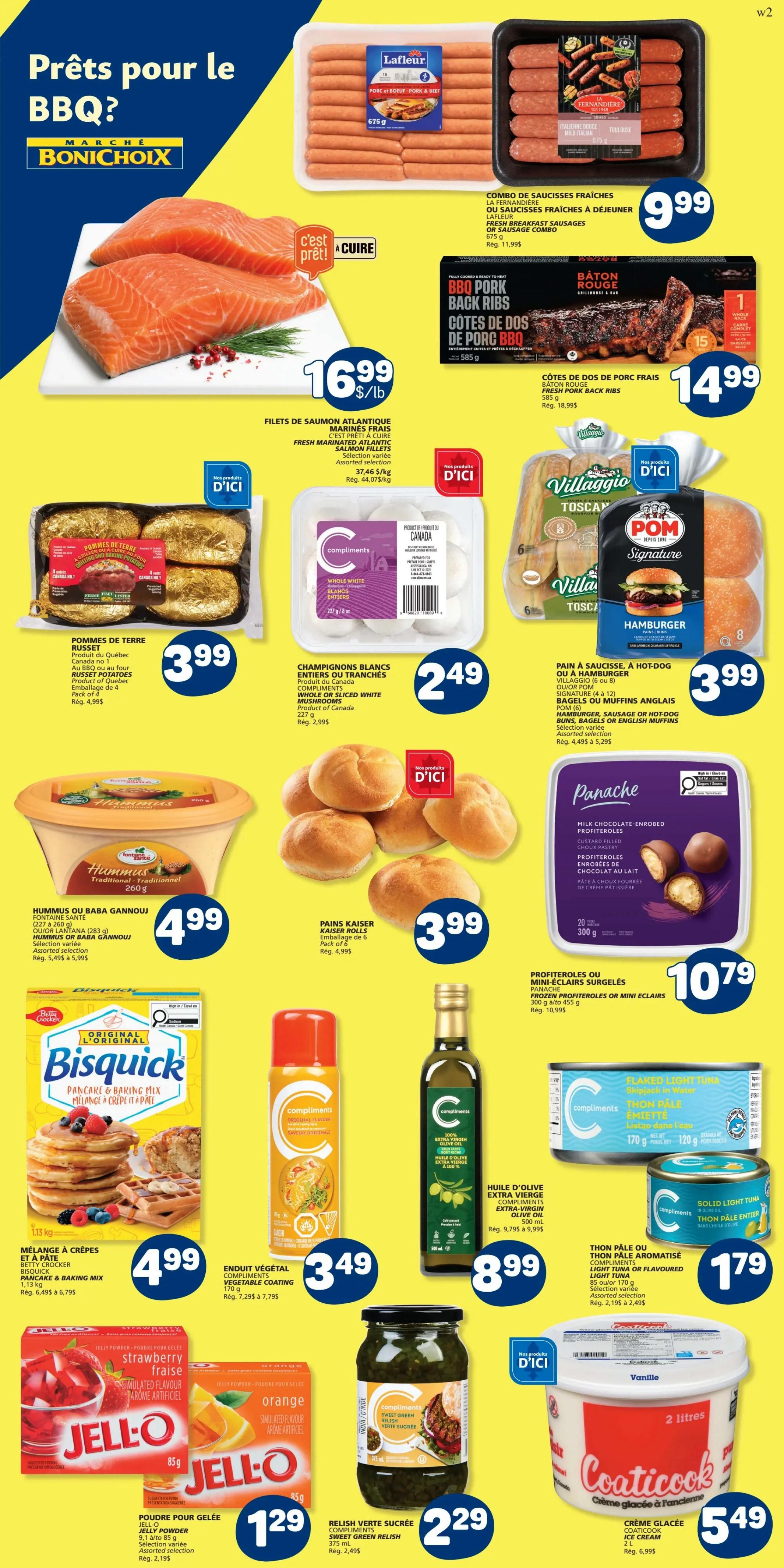 Marché Bonichoix weekly flyer specials page 6 features BBQ-ready items. Highlights include Fresh Marinated Atlantic Salmon Fillets for $16.99/lb, Lafleur Fresh Breakfast Sausages or Sausage Combo for $9.99, and Bâton Rouge Fresh Pork Back Ribs for $14.99. Also featured are Russet Potatoes from Quebec for $3.99, Compliments Whole White or Sliced White Mushrooms for $2.49, and Villaggio Hamburger or English Muffins for $3.99. Other deals include Hummus or Baba Gannouj for $4.99, Kaiser Rolls for $3.99, Panache Milk Chocolate-Enrobed Profiteroles or Mini Eclairs for $10.79, Bisquick Pancake & Baking Mix for $4.99, Compliments Vegetable Cooking Spray for $3.49, Compliments Extra Virgin Olive Oil for $8.99, Compliments Flaked Light Tuna or Solid Light Tuna for $1.79, Jell-O Powder for $1.29, Compliments Sweet Green Relish for $2.29, and Coaticook Ice Cream for $5.49.
