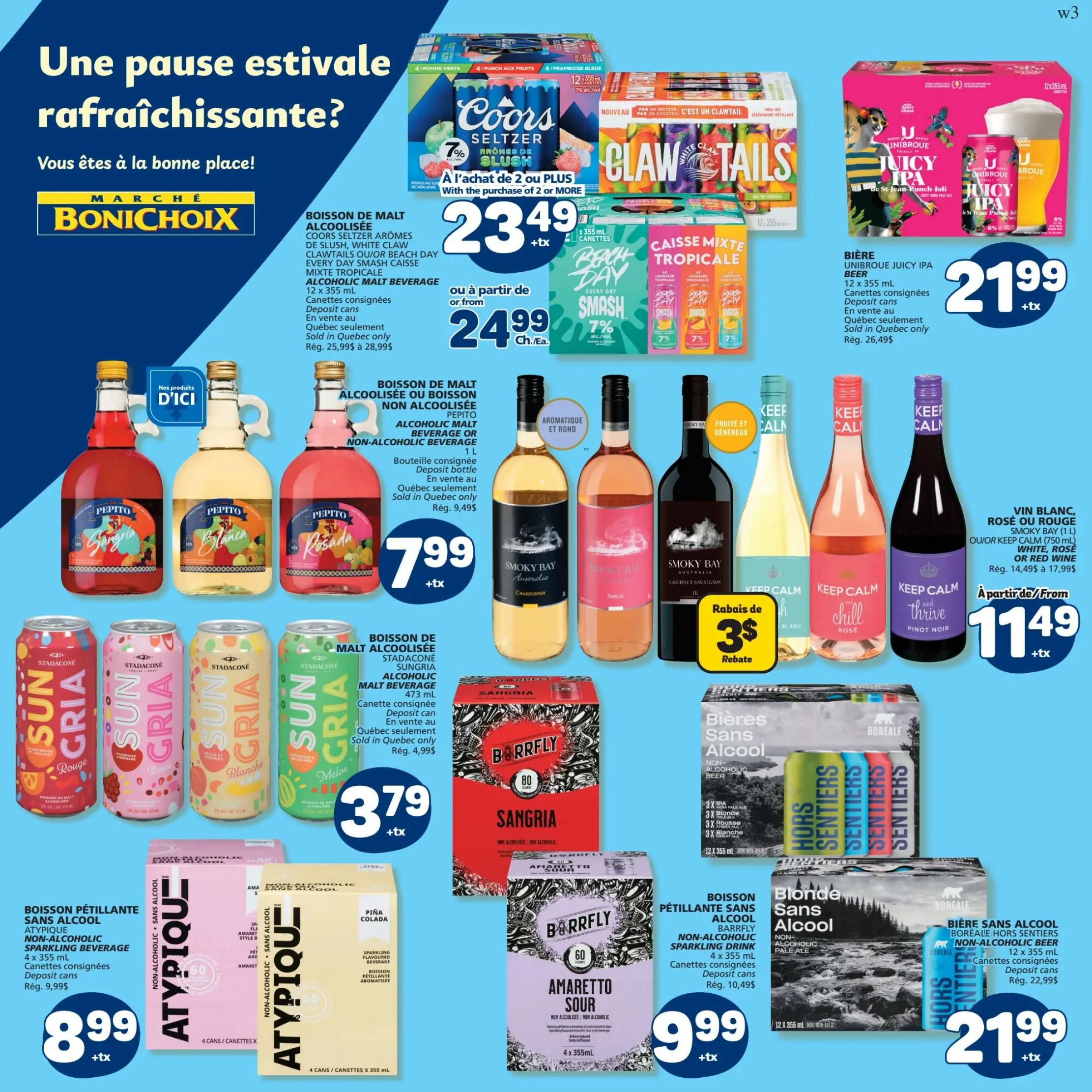 Marché Bonichoix weekly flyer specials page 7 features a variety of alcoholic and non-alcoholic beverages. Top section includes Coors Seltzer Aromas de Slush 12 x 355 mL for $23.49 when purchasing 2 or more, or $24.99 each. Also featured is Clawtails White Claw 12 x 355 mL and Every Day Smash Caisse Mixte Tropicale 12 x 355 mL. Unibroue Juicy IPA Beer 12 x 355 mL is $21.99. Middle section showcases Pepito Alcoholic Malt Beverage or Non-Alcoholic Beverage in 1 L bottles for $7.99. Smoky Bay 1 L White, Rosé, or Red Wine is on sale for $11.49 with a $3 rebate. Bottom section highlights Stadacone SunGria Alcoholic Malt Beverage 473 mL for $3.79. Barrfly Sangria Non-Alcoholic 4 x 355 mL and Barrfly Amaretto Sour Non-Alcoholic Sparkling Drink 4 x 355 mL are $9.99. Atypique Non-Alcoholic Sparkling Beverage 4 x 355 mL is $8.99. Finally, Boréal Hors Sentiers Non-Alcoholic Beer 12 x 355 mL is $21.99.