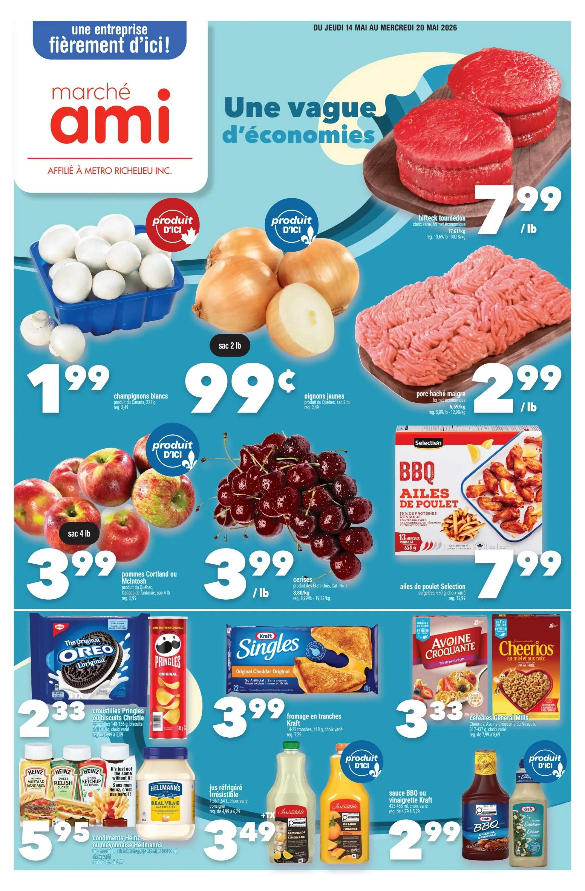 Marché Ami weekly flyer specials featuring 'Une vague d'économies' (A wave of savings). Top deals include beef tournedos for $7.99/lb, regular price $13.69/lb, and lean ground pork for $2.99/lb, regular price $5.99/lb-$12.98/kg. Also featured are 2 lb bags of white mushrooms for $1.99, regular price $3.49, and yellow onions for $0.99, regular price $2.49. Enjoy 4 lb bags of Cortland or McIntosh apples for $3.99, regular price $8.99, and cherries for $3.99/lb, regular price $8.99/lb. Selection BBQ chicken wings (frozen, 650g) are $7.99, regular price $12.99. Snack deals include Christie Pringles or Oreo cookies for $2.33 each, regular price $3.99-$5.59. Kraft Singles cheese slices (14-22 slices, 410g) are $3.99, regular price $7.29. Hellmann's mayonnaise (750ml-1L) and Heinz condiments (ketchup, mustard, relish) are on sale for $5.95. Irresistible lemonade (1.4L) is $3.49. Kraft BBQ or vinaigrette sauce (425-455ml) is $2.99. General Mills Cheerios or Croque-biscuit cereals are $3.33 each, regular price $7.59-$8.69.