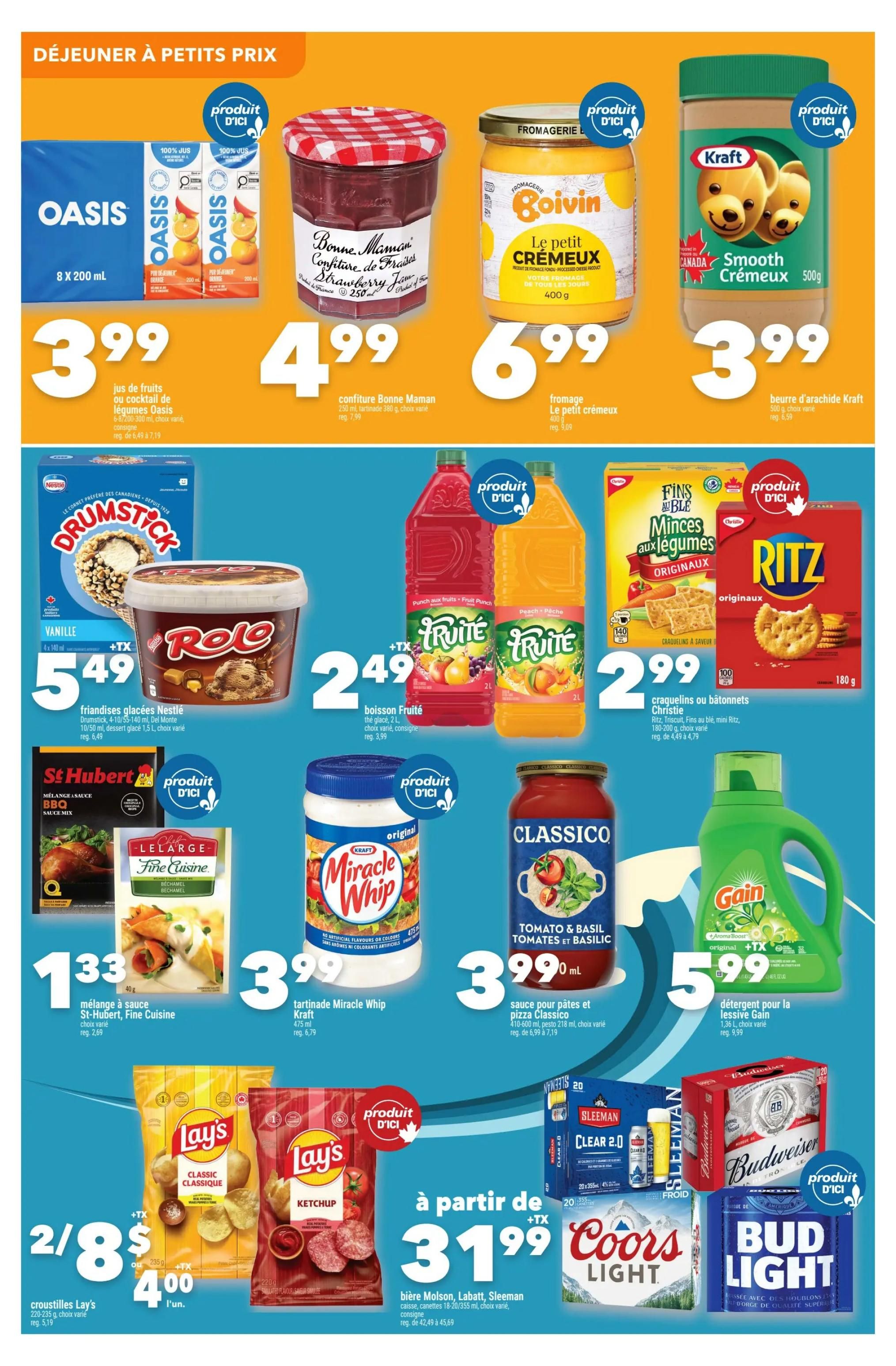 Marché Ami weekly flyer specials page 2 features breakfast and pantry staples. Oasis juice or vegetable juice is $3.99. Bonne Maman strawberry jam is $4.99. Goivin Le petit crémeux cheese spread is $6.99. Kraft Smooth peanut butter is $3.99. Nestlé Drumstick ice cream treats are $5.49. Rolo ice cream dessert is also $5.49. Fruité fruit punch is $2.49 per 2L bottle. Christie Ritz crackers, Triscuits, and FINS au blé crackers are $2.99. St-Hubert BBQ sauce mix and Fine Cuisine béchamel sauce mix are $1.33. Kraft Miracle Whip is $3.99. Classico tomato and basil pasta sauce is $3.99. Gain laundry detergent is $5.99. Lay's Classic chips and Ketchup chips are 2 for $8 or $4.00 each. Molson, Labatt, Sleeman, Coors Light, Budweiser, and Bud Light beer cases are starting at $31.99.
