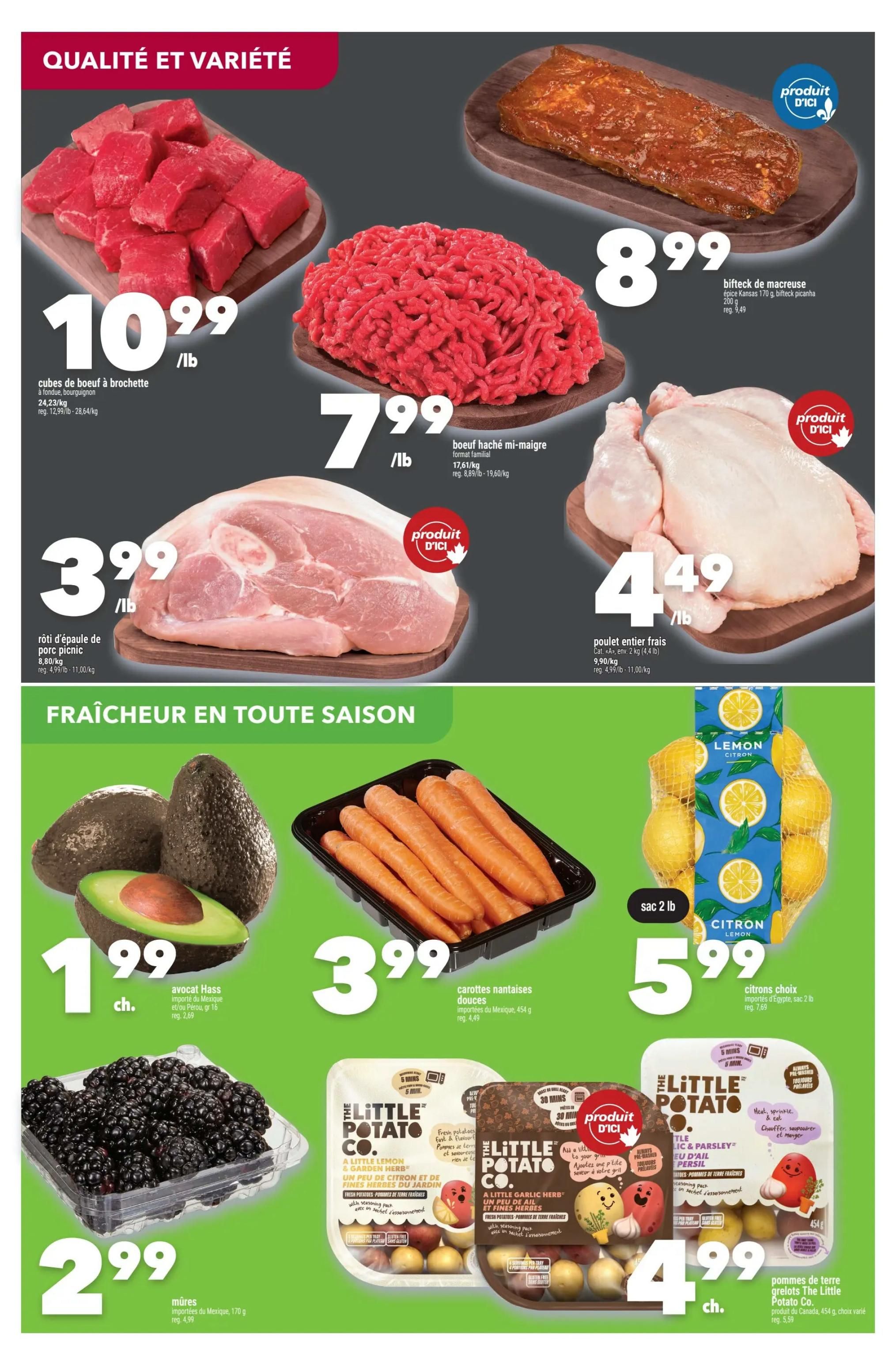 Marché Ami weekly flyer specials page 3. Quality and variety section features beef cubes for skewers at $10.99/lb, regular price $12.99/lb. Family pack lean ground beef is $7.99/lb, regular price $8.89/lb to $19.60/kg. Biffteck de macreuse (flank steak) Kansas 170g is $8.99, regular price $9.49. Whole fresh chicken is $4.49/lb, regular price $4.99/lb to $11.00/kg. Freshness for every season section includes Hass avocados for $1.99 each, imported from Mexico and/or Peru. Sweet carrots, 454g, imported from Mexico, are $3.99, regular price $4.49. A 2 lb bag of lemons is $5.99, imported from Egypt, regular price $7.69. Blackberries, 170g, imported from Mexico, are $2.99, regular price $4.99. The Little Potato Co. fresh potatoes are featured: A Little Lemon & Garden Herb variety for $4.99 per package, and A Little Garlic Herb and A Little Dill & Parsley varieties for $4.99 each, with regular prices of $5.59.