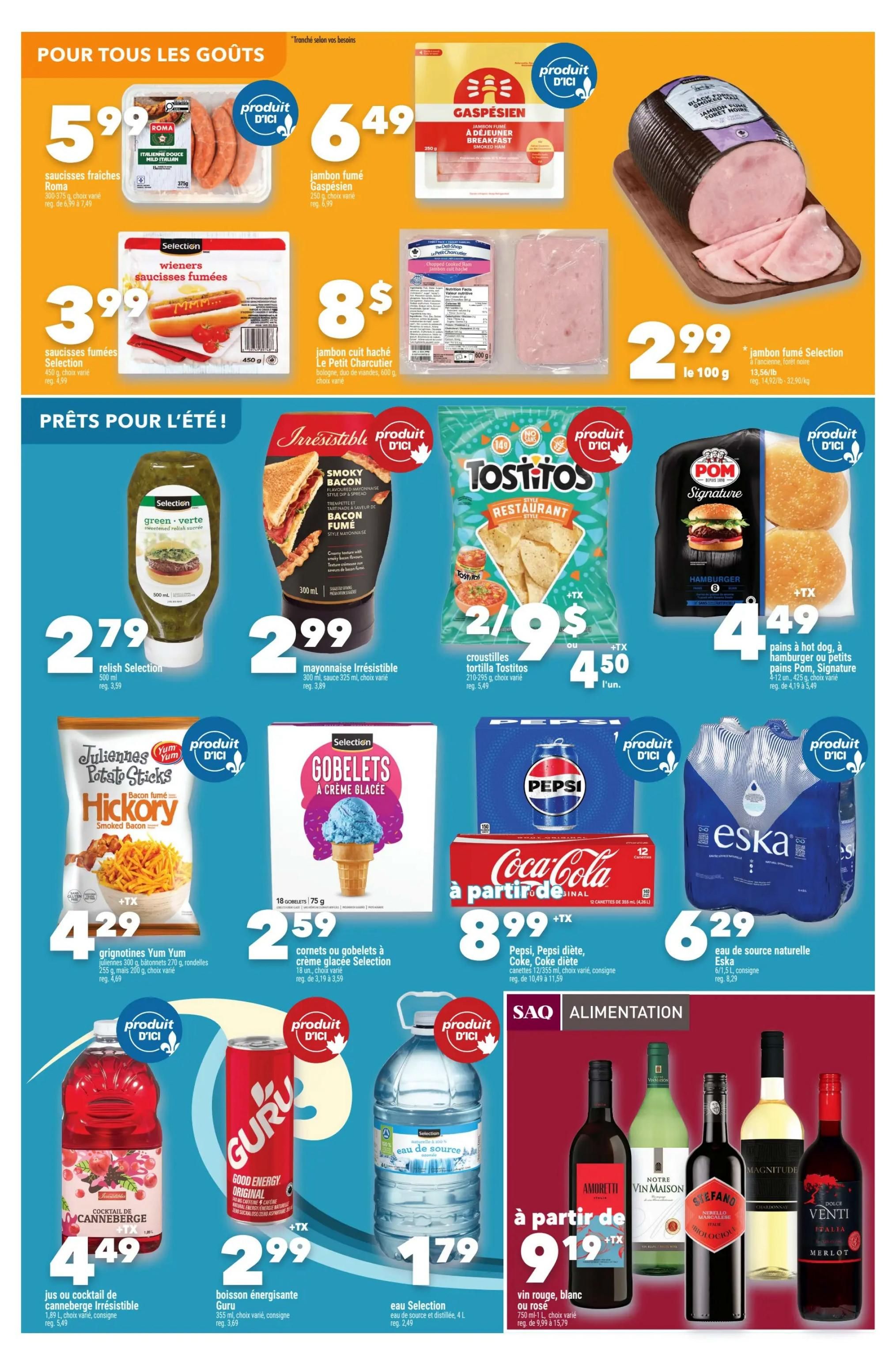 Marché Ami weekly flyer specials, page 4. Featuring a variety of food and beverage deals. Top section includes Roma fresh sausages for $5.99, Gaspesien smoked ham for $6.49, Selection smoked sausages for $3.99, and Le Petit Charcutier cooked ham for $8.00. A large Selection smoked ham is priced at $2.99 per 100g. The 'Ready for Summer!' section showcases Selection green relish for $2.79, Irresistible smoky bacon mayonnaise for $2.99, Tostitos restaurant style tortilla chips for 2 for $9 or $4.50 each, and POM Signature hamburger or hot dog buns for $4.49. Also featured are Yum Yum Hickory potato sticks for $4.29, Selection ice cream cones for $2.59, Pepsi and Diet Pepsi, Coke and Diet Coke 12-packs for $8.99, and Eska natural spring water 12-packs for $6.29. Beverages include Irresistible cranberry juice cocktail for $4.49 and Guru Good Energy Original drink for $2.99. Eska 4L distilled water is $1.79. The bottom section highlights red, white, or rosé wine starting at $9.19.